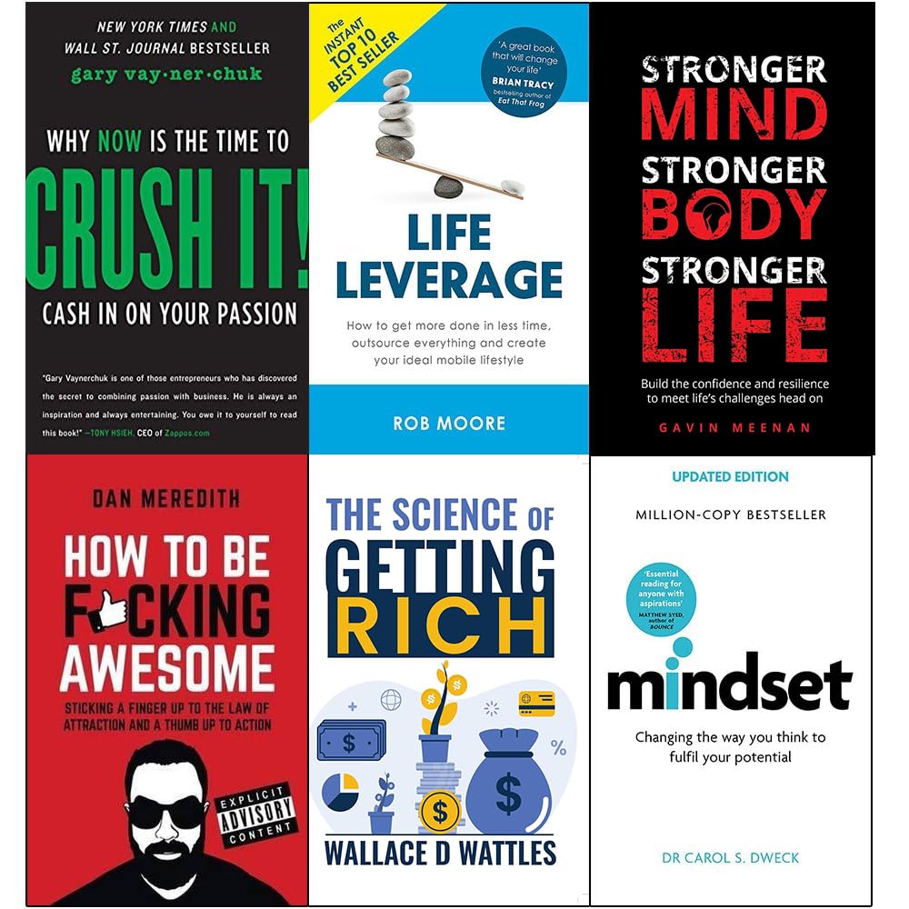 Front cover of the Crush It, Life Leverage & Mindset 6-book paperback collection set showing all six spines together