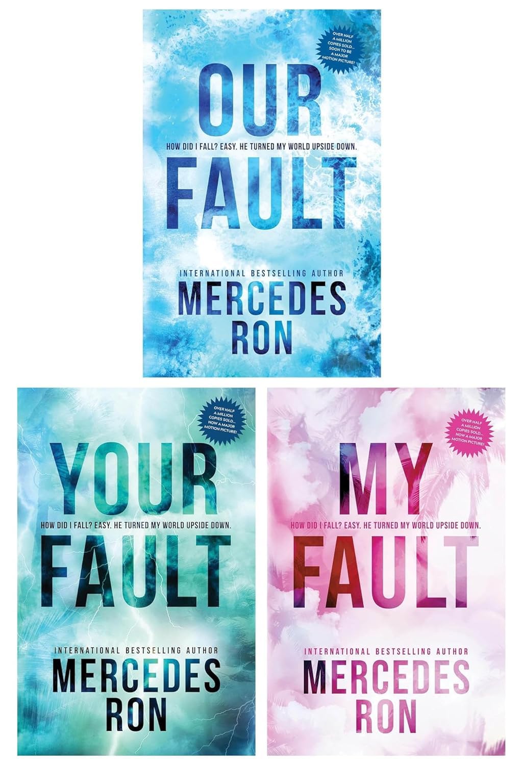 Culpable series by Mercedes Ron 3 book paperback collection set front cover featuring My Fault, Your Fault, and Our Fault
