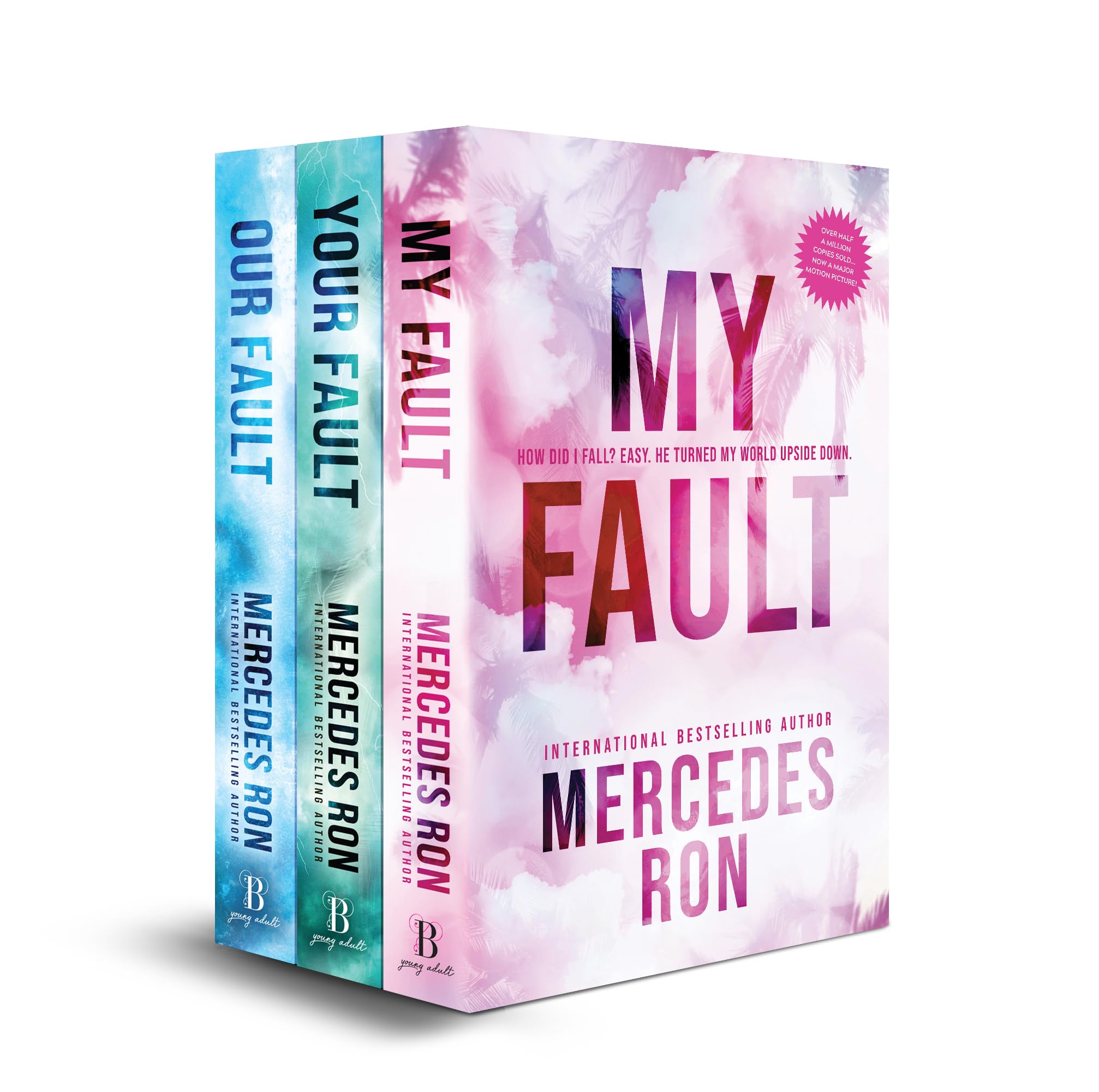 Culpable series 3-book paperback box set by Mercedes Ron featuring My Fault, Your Fault, and Our Fault with colorful covers, published by Bloom Books