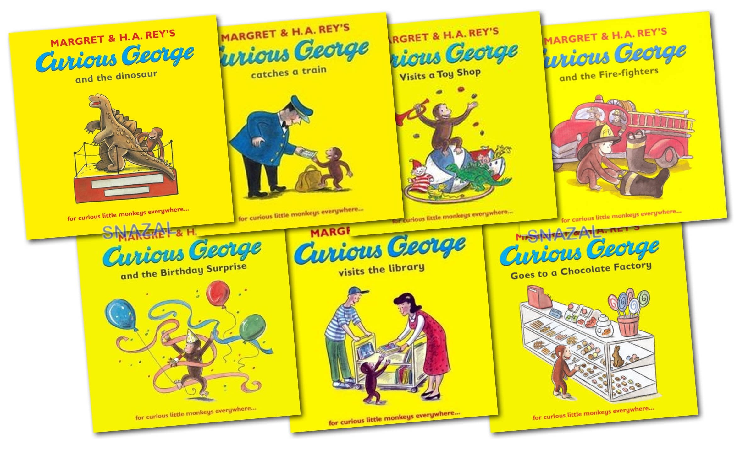 Curious George Monkey Collection 7-book paperback set by Margret Rey, front covers fanned out, ages 4-7.