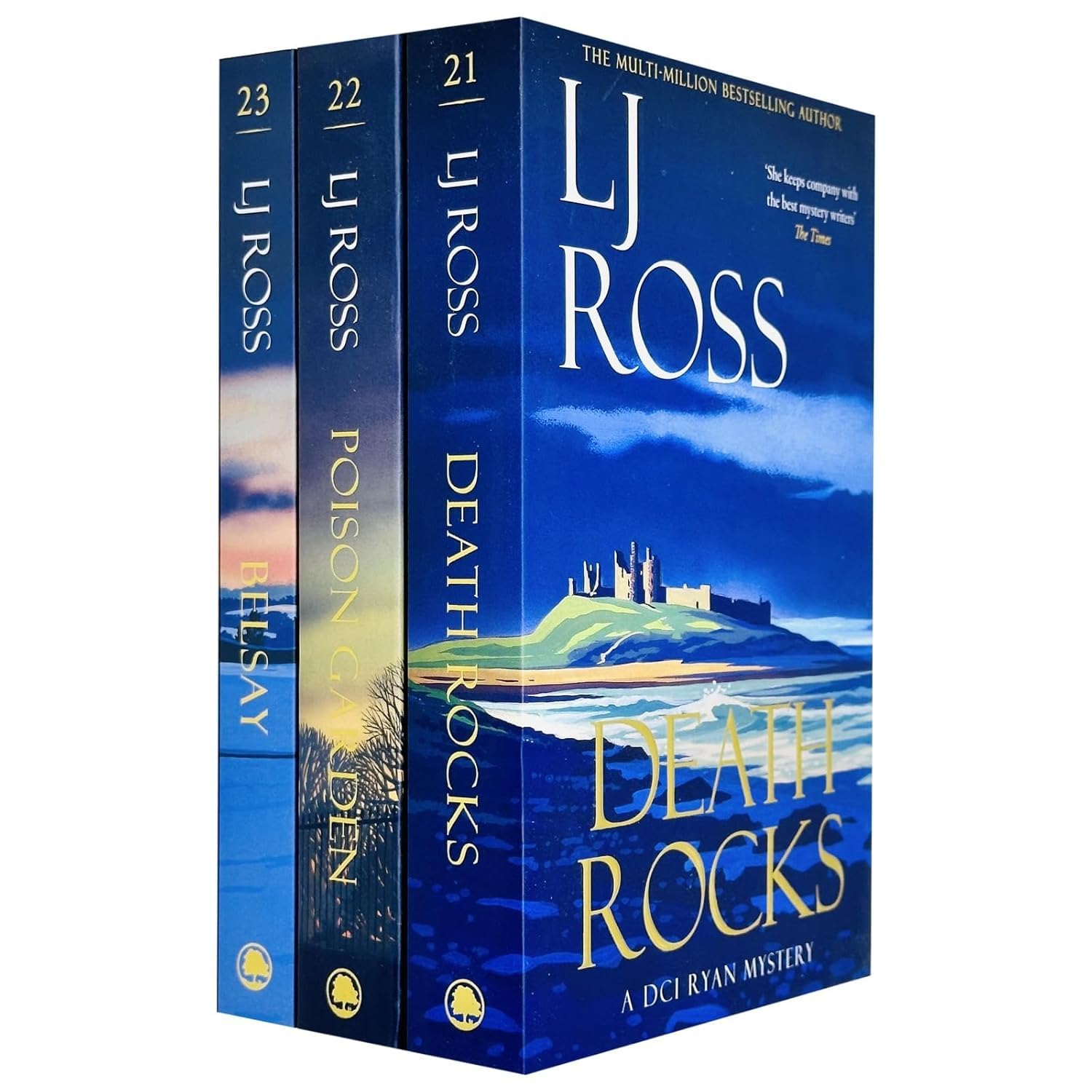Front cover of DCI Ryan Mysteries 3-book paperback set by LJ Ross featuring Death Rocks, Poison Garden, and Belsay