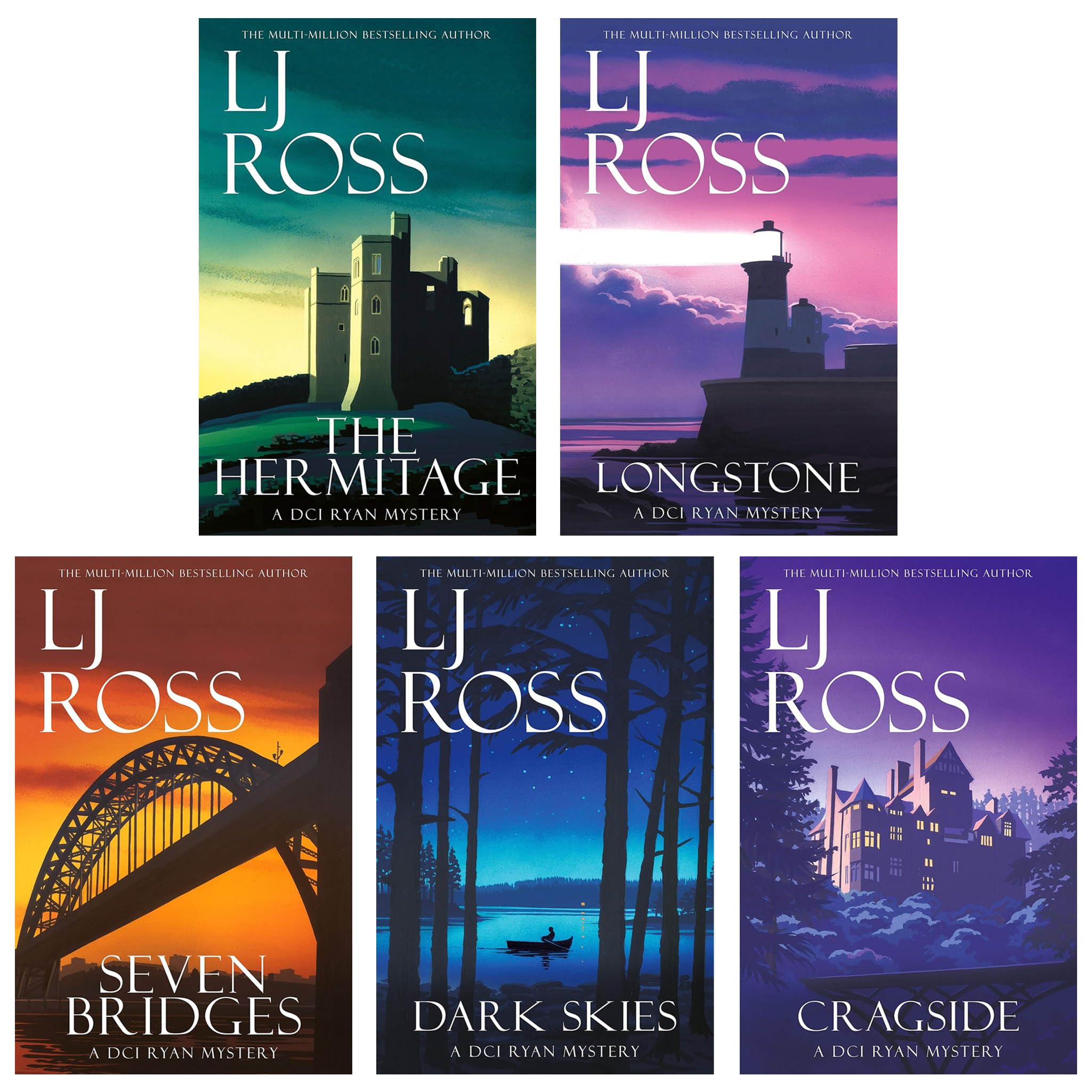 The DCI Ryan Mysteries Volume 6-10 by LJ Ross 5 book paperback collection set cover, featuring Cragside, Dark Skies, Seven Bridges, The Hermitage and Longstone