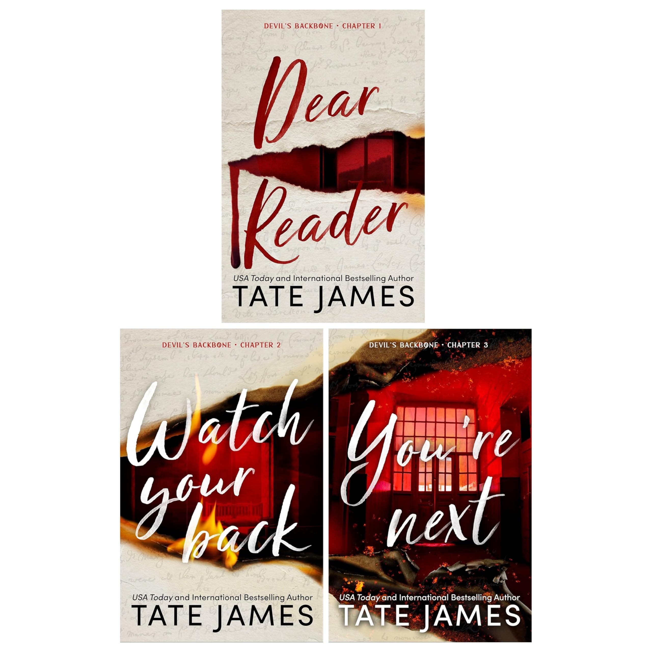 Devil's Backbone series by Tate James 3-book paperback collection set featuring Dear Reader, Watch Your Back, and You're Next