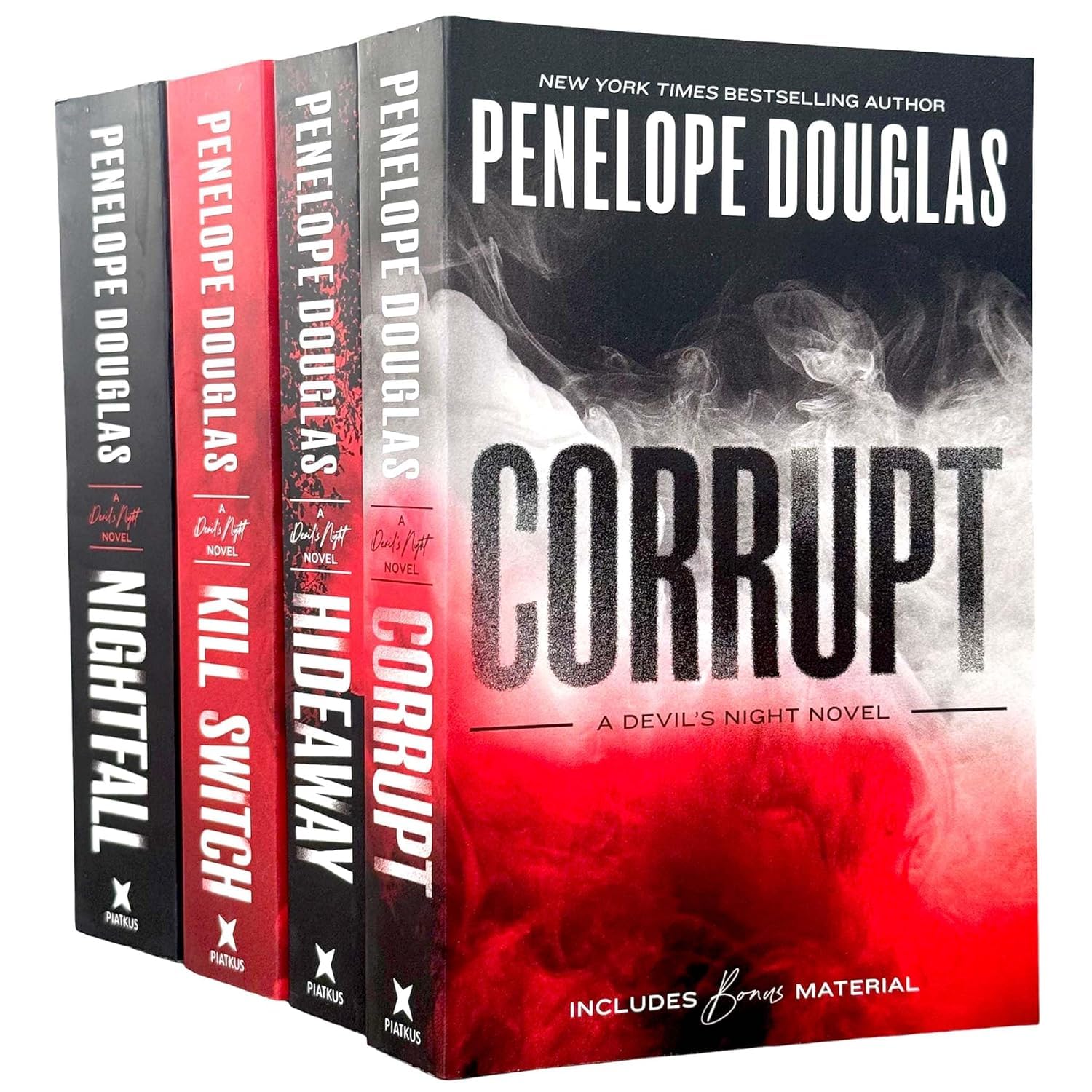 All four paperback books in the Devil's Night series by Penelope Douglas - Corrupt, Hideaway, Kill Switch, and Nightfall - standing together
