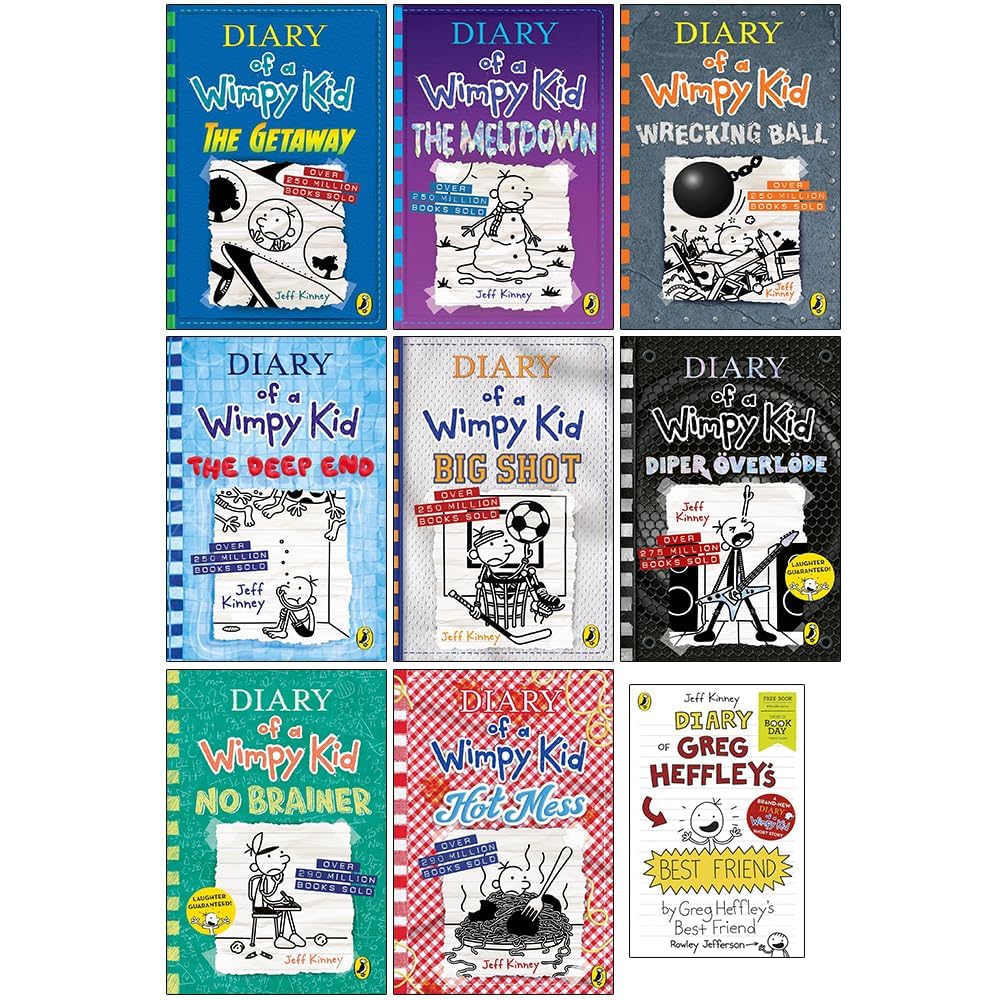 Diary of a Wimpy Kid 8 Books Collection Set by Jeff Kinney, paperback front covers on display