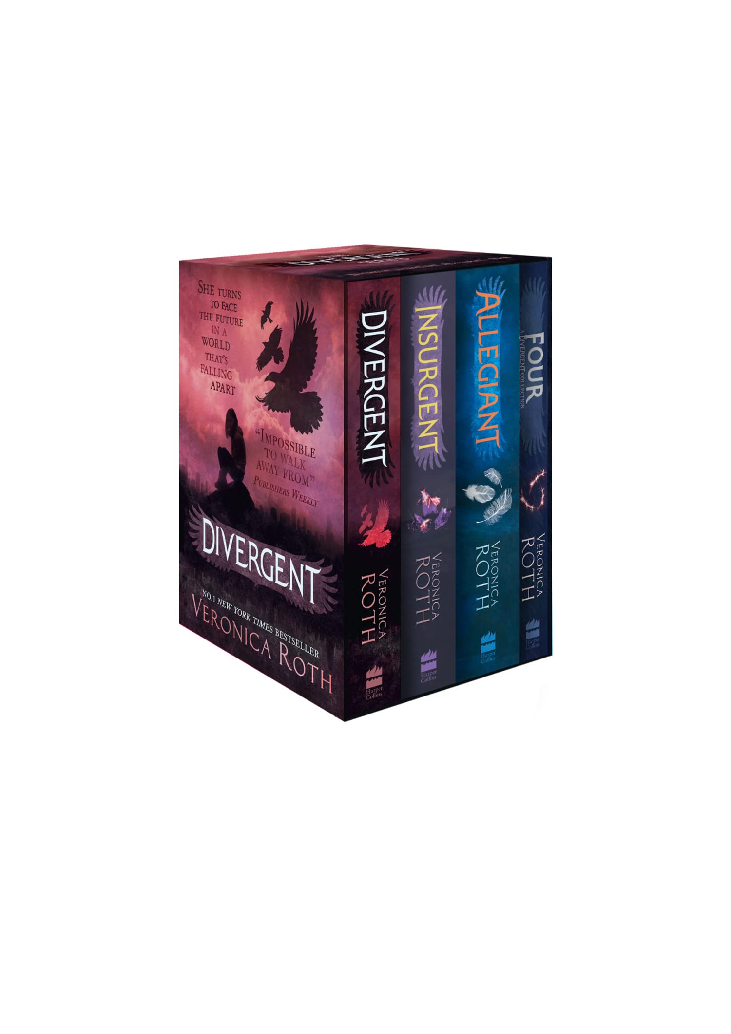 Front cover view of the Divergent Series 4-book paperback box set by Veronica Roth, showing all four titles stacked together.
