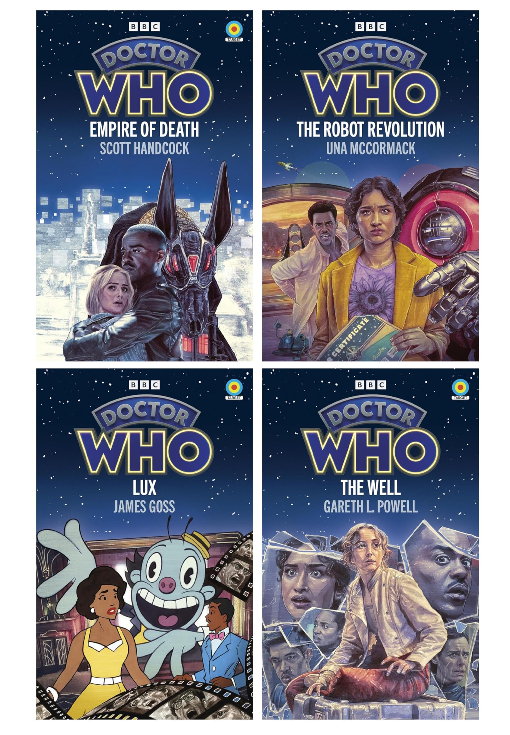 Doctor Who Target Novels 4 Books Collection Set paperback front covers, Empire of Death, The Robot Revolution, Lux, and The Well