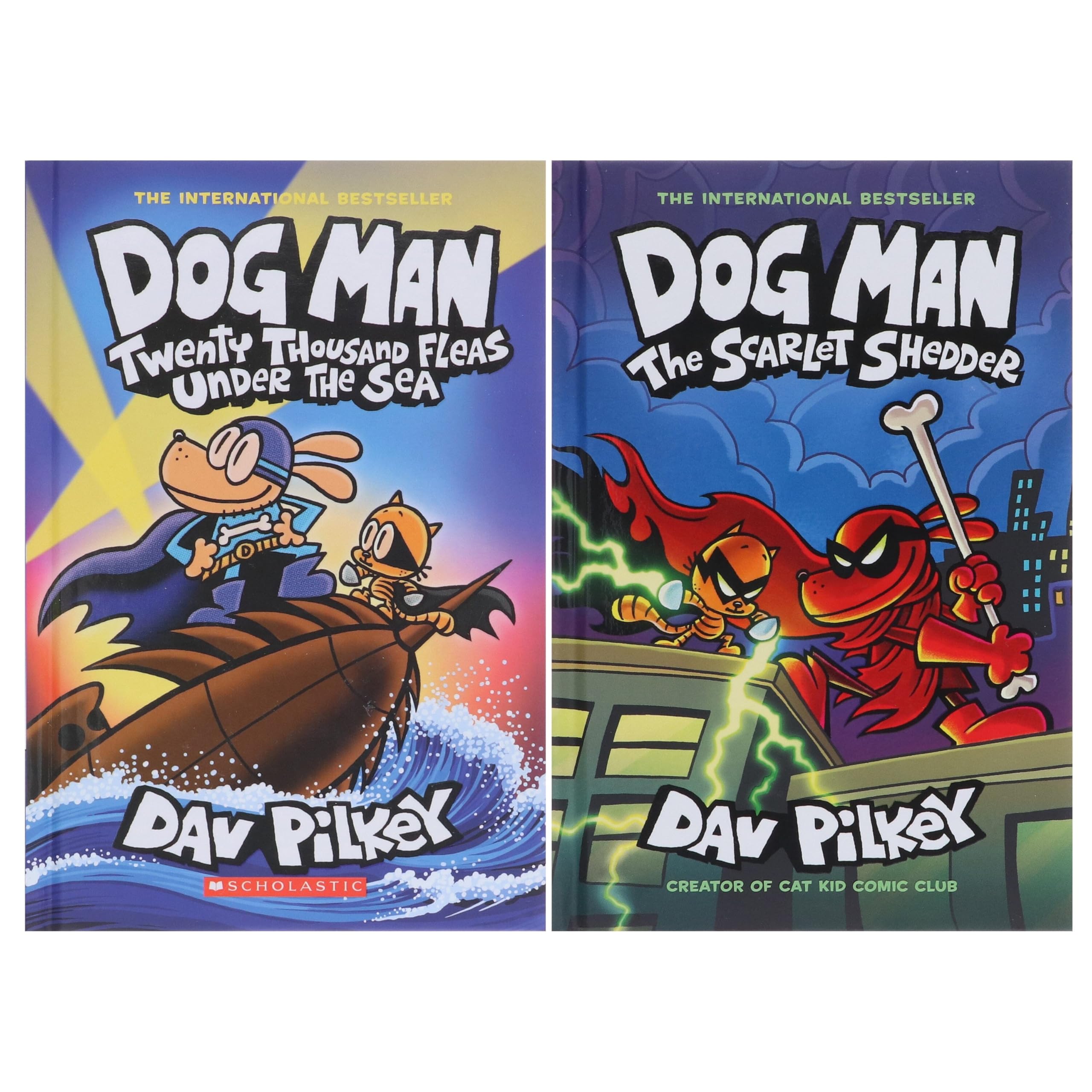 Dog Man Books 11-12 Collection Set by Dav Pilkey featuring Twenty Thousand Fleas Under the Sea and The Scarlet Shedder paperback front covers