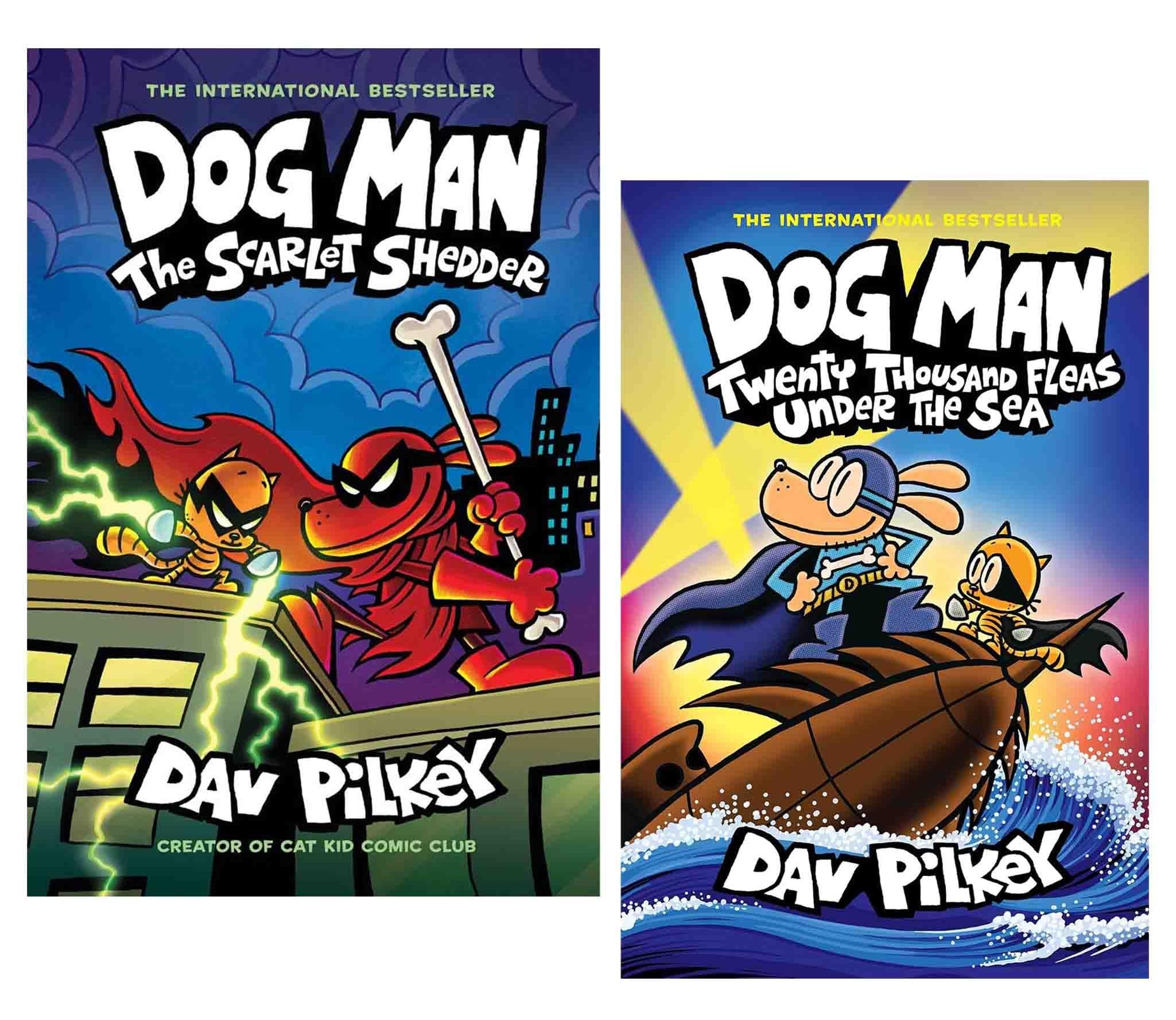 Dog Man 2 Books Collection Set by Dav Pilkey featuring Twenty Thousand Fleas Under the Sea and The Scarlet Shedder hardcover graphic novels for ages 6-9