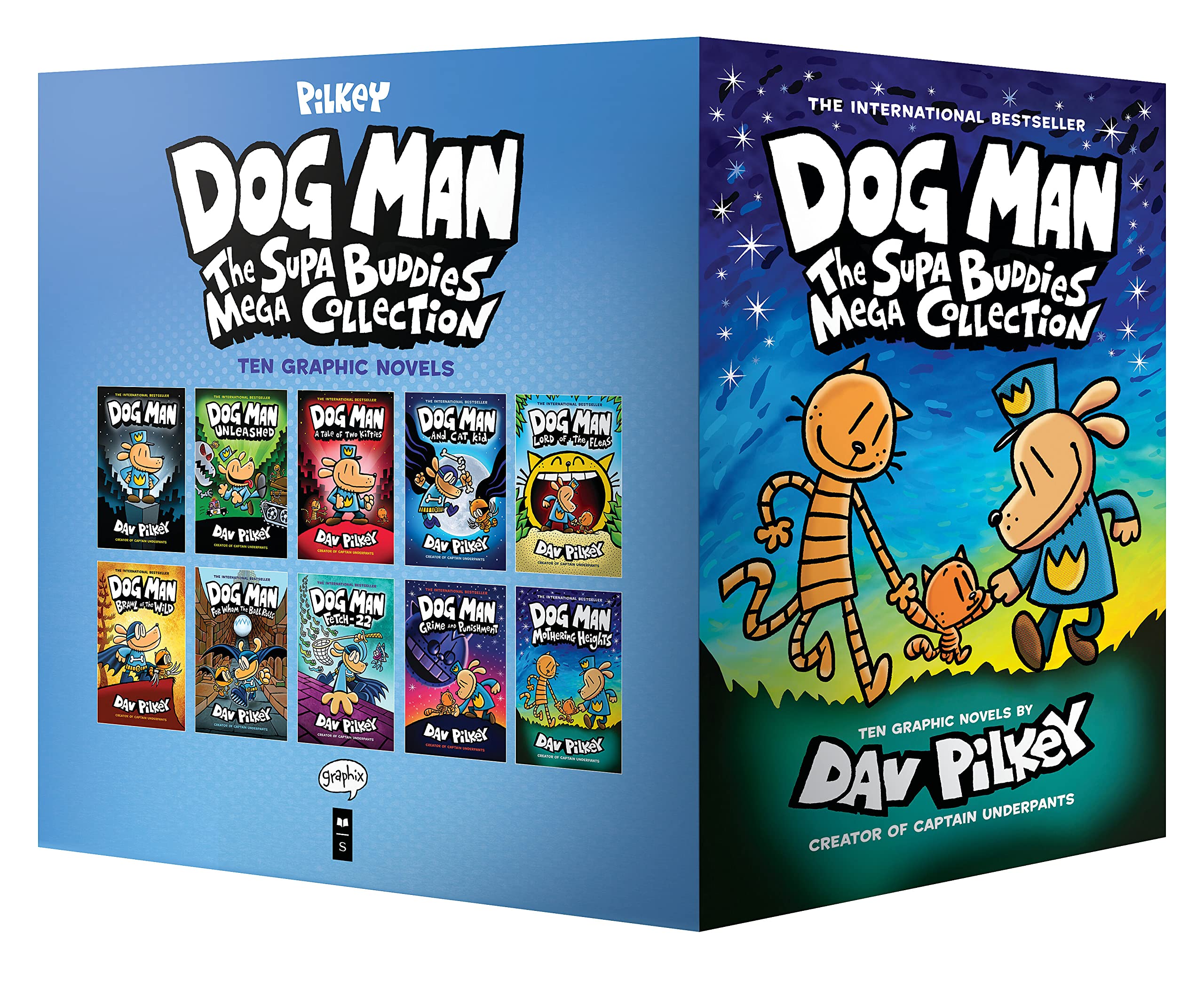 Dog Man Supa Buddies Mega Collection 10-book hardcover box set by Dav Pilkey, front cover showing Dog Man and Petey the cat, for ages 7-10.