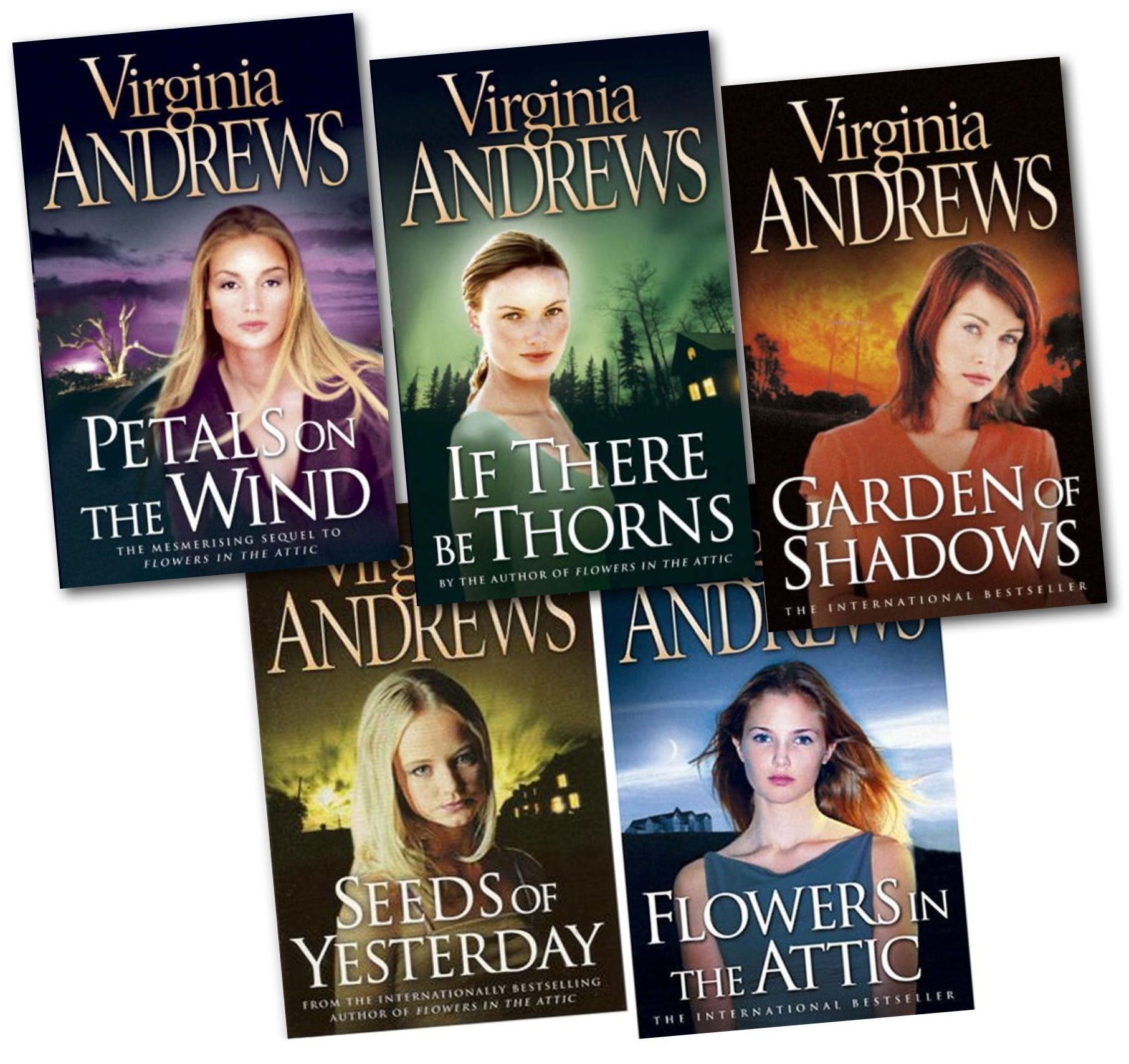 Dollanganger Series by Virginia Andrews 5 Books Collection Set paperback front cover, including Flowers in the Attic, Petals on the Wind, If There Be Thorns, Seeds of Yesterday, and Garden of Shadows