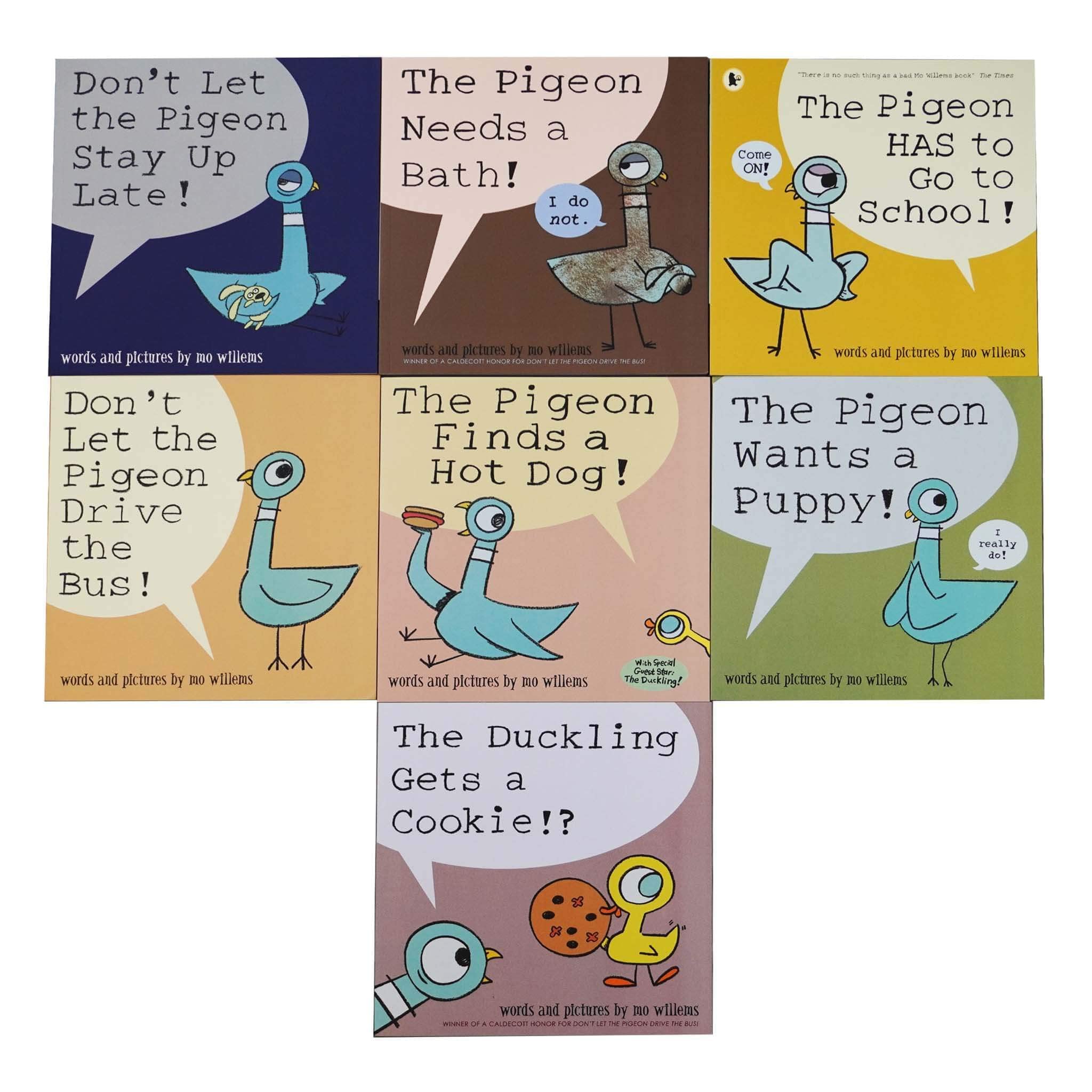 Front covers of all seven Don't Let the Pigeon paperback books by Mo Willems arranged together, for ages 3-5.