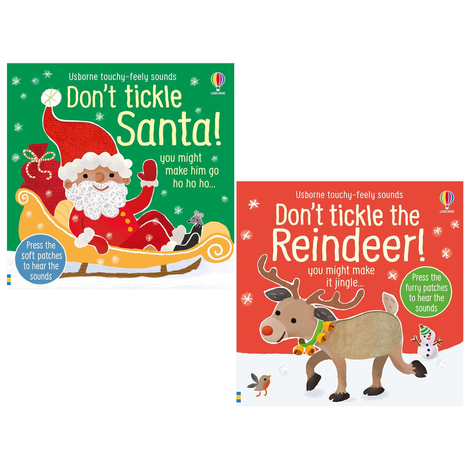Don't Tickle Christmas Collection 2 book set by Sam Taplin - front covers of Don't Tickle Santa and Don't Tickle the Reindeer board books