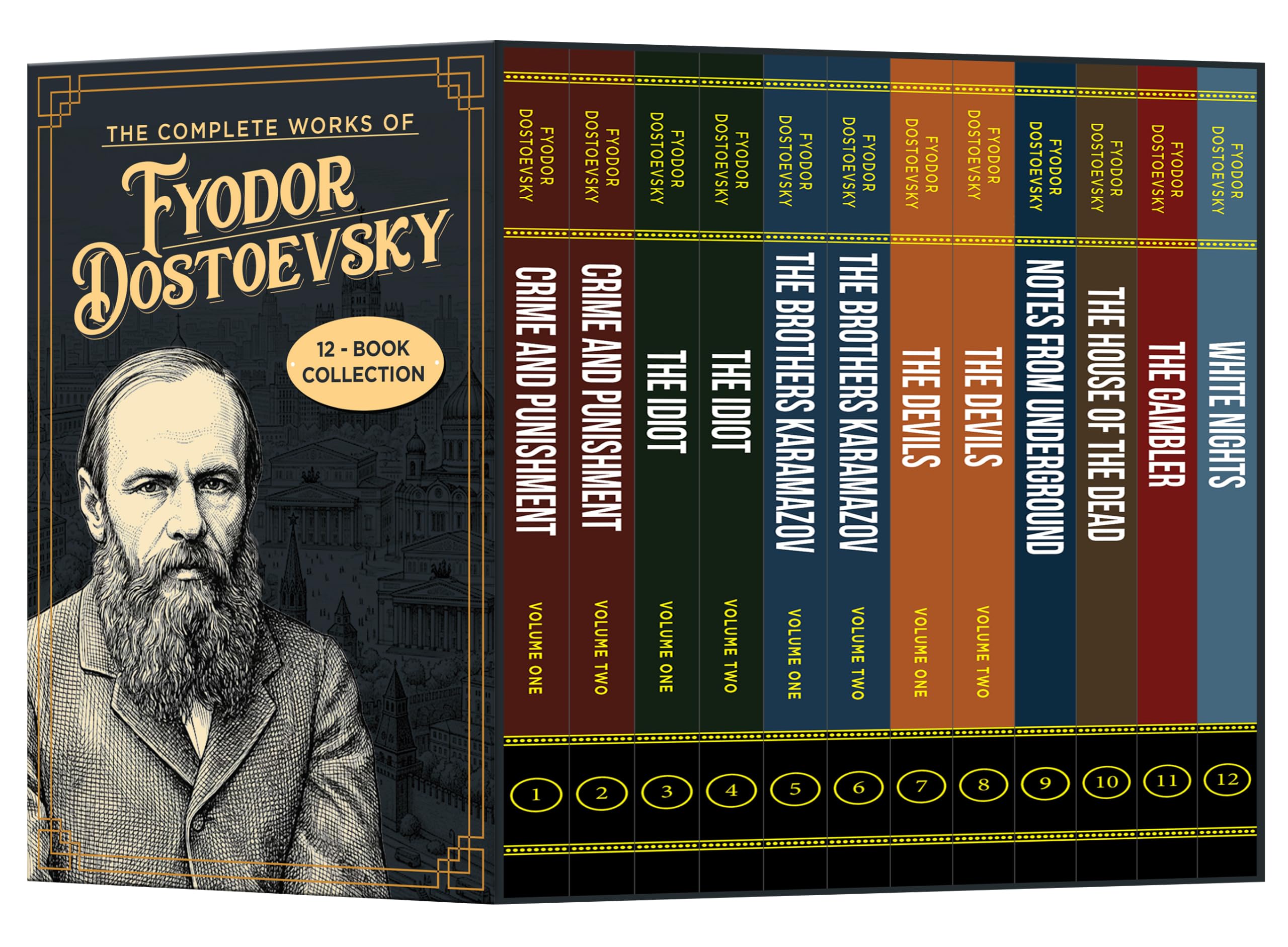 Front cover of the Fyodor Dostoevsky 12 Books Collection Set paperback box, featuring Crime and Punishment and The Brothers Karamazov
