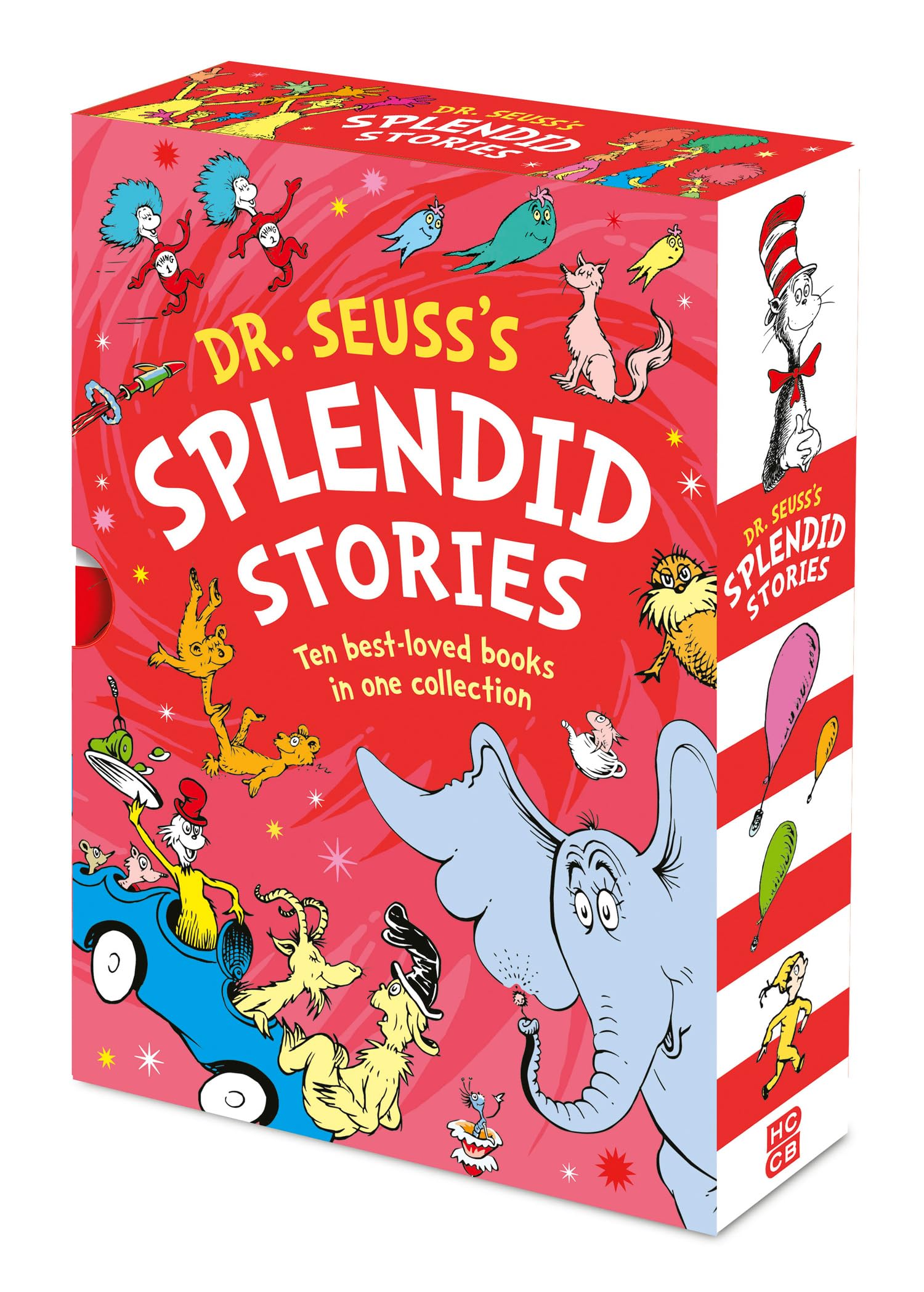 Dr. Seuss's Splendid Stories 10 Books Collection Set paperback slipcase front cover, featuring The Cat in the Hat and other classic titles