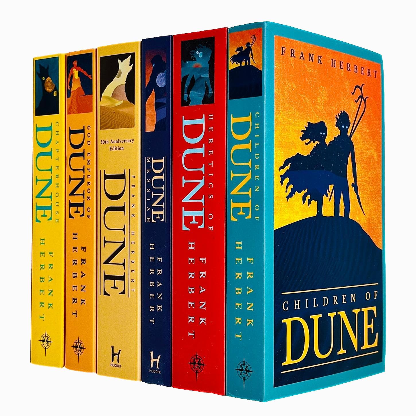 Front cover view of the Dune Series 6 Books Collection Set by Frank Herbert, showing all six paperback spines together.