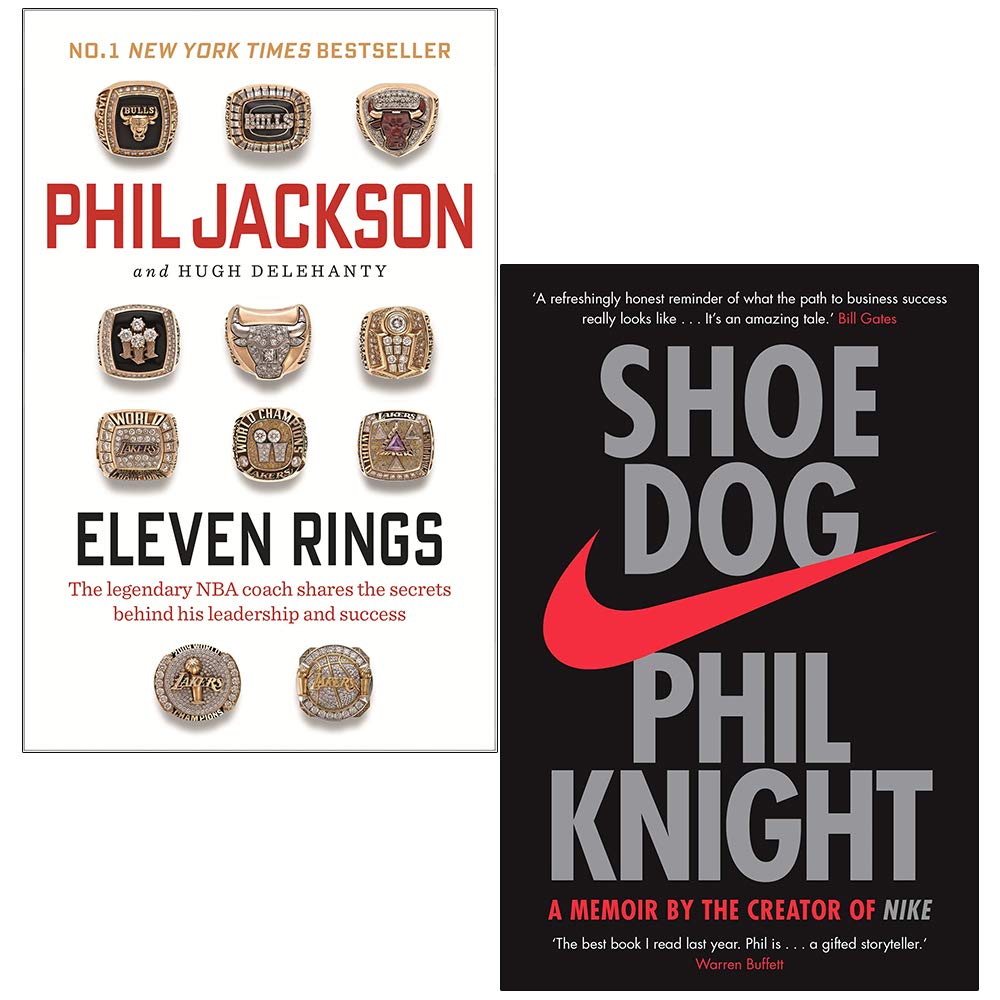 Front covers of Eleven Rings by Phil Jackson and Shoe Dog by Phil Knight, a 2-book paperback memoir set