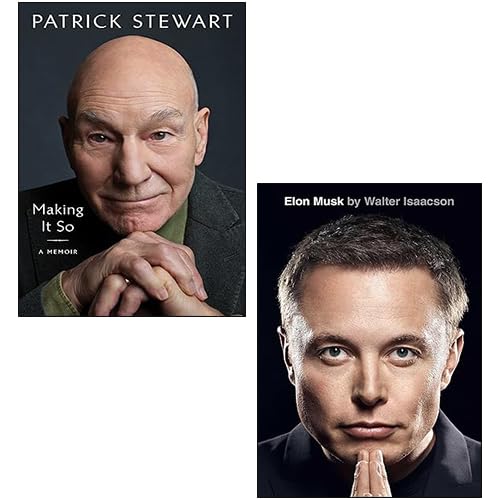 Front covers of the Elon Musk by Walter Isaacson and Making It So by Patrick Stewart 2-book hardcover biography set displayed on a wooden surface.