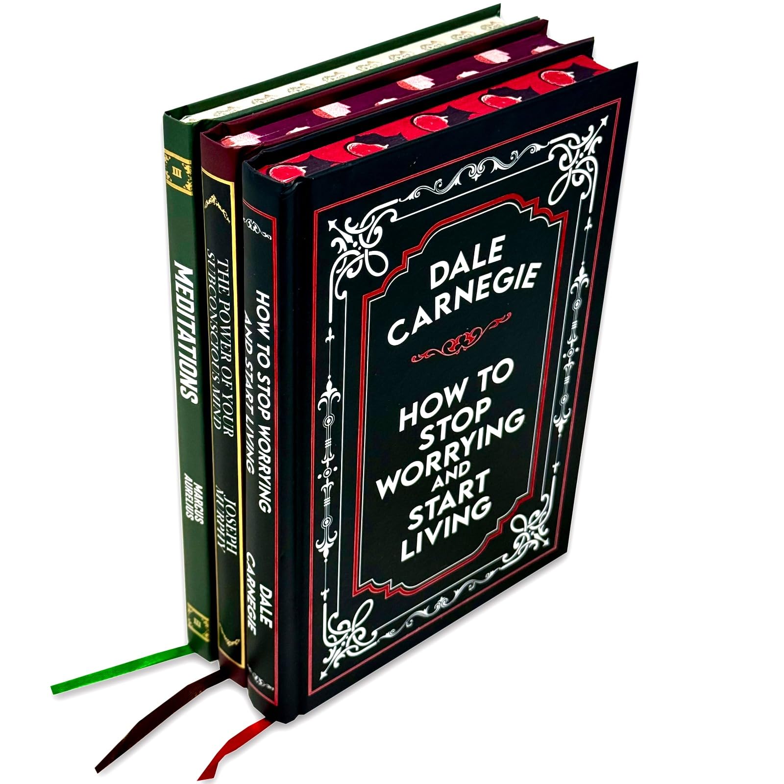 Essential Self-Development Collection 3 hardcover books front cover set including How to Stop Worrying and Start Living, The Power of Your Subconscious Mind, and Meditations