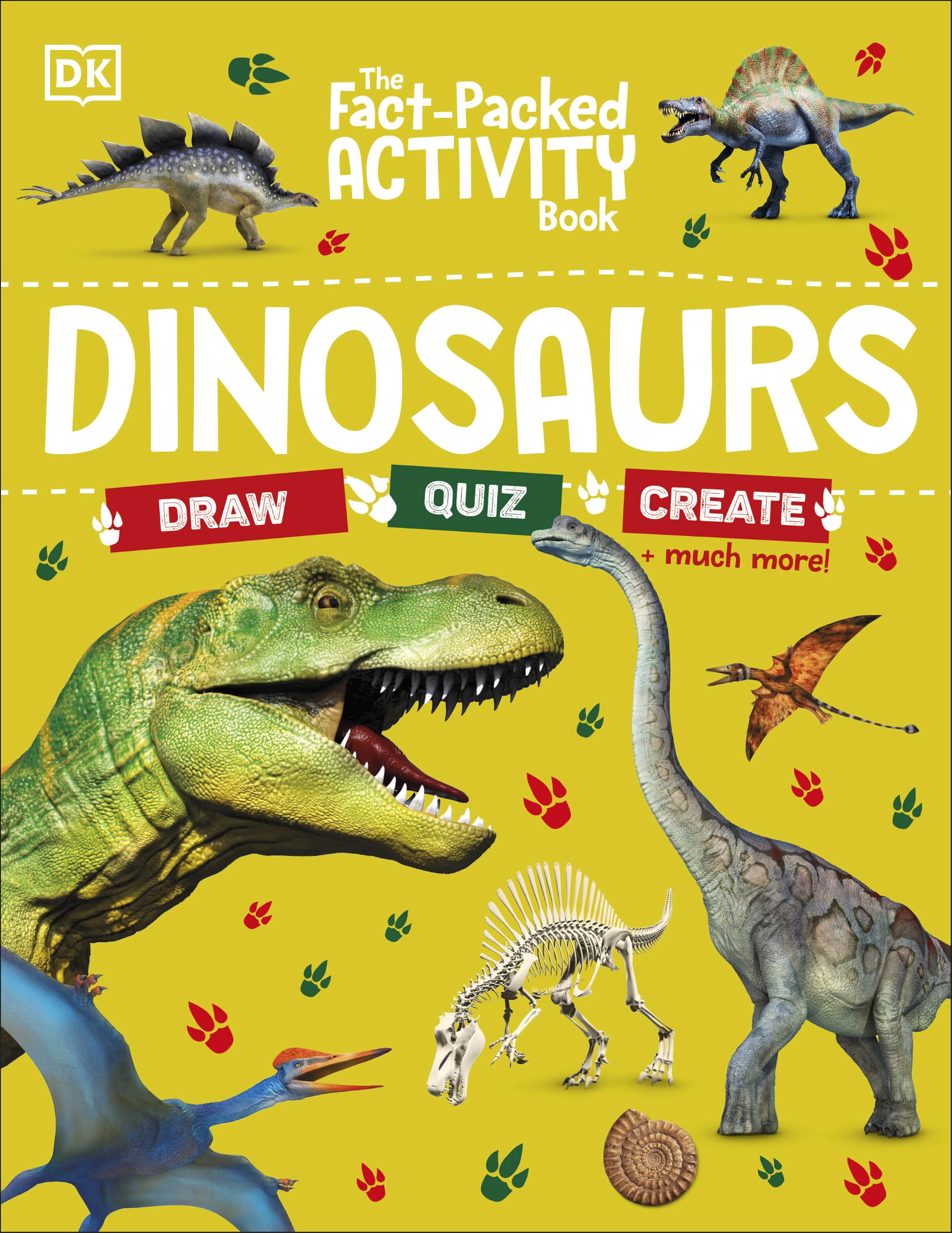Front cover of The Fact-Packed Activity Book: Dinosaurs by DK, a brand-new paperback activity book for ages 5-9
