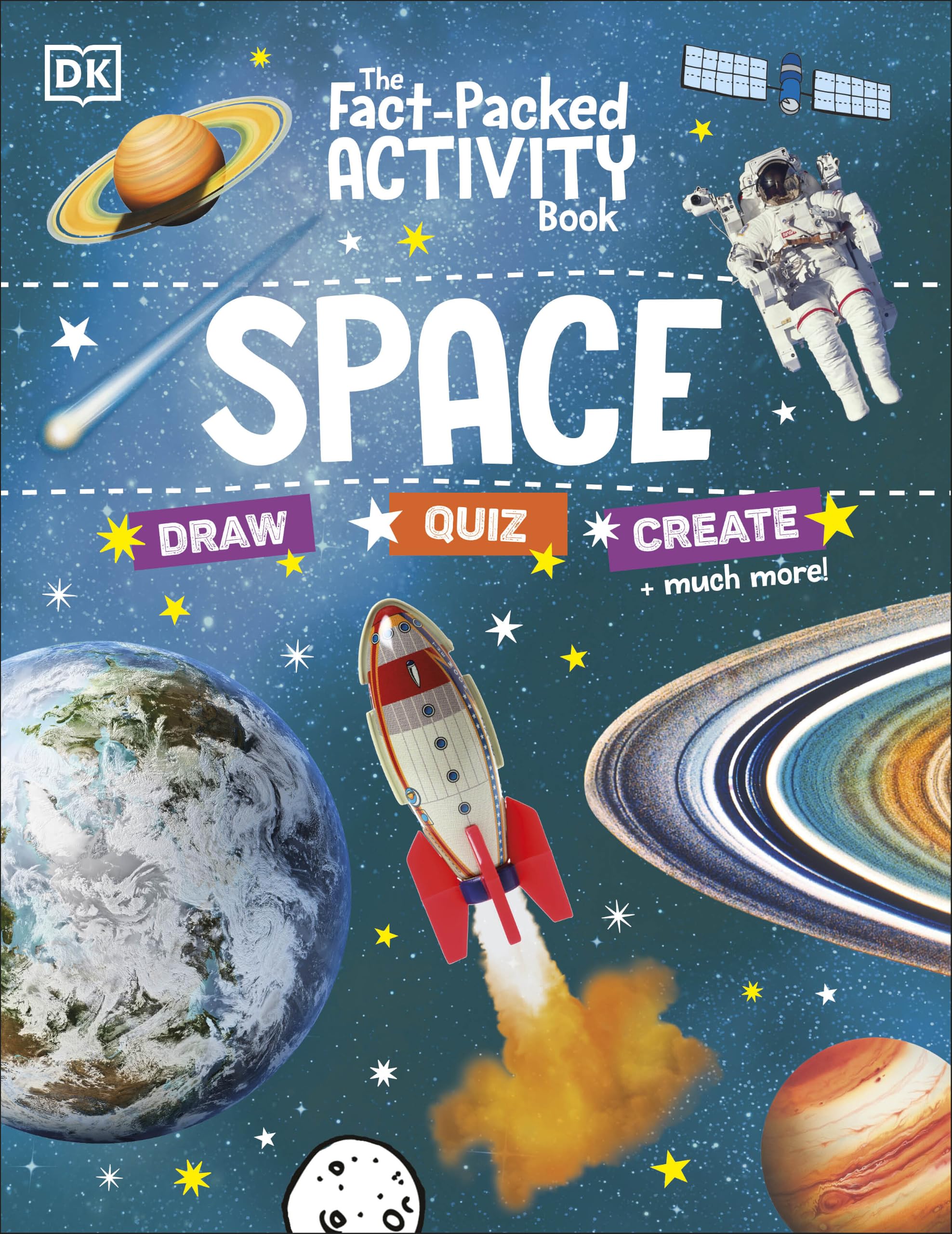 The Fact-Packed Activity Book: Space by DK paperback front cover, ages 5-9 kids space activity book with 50+ puzzles
