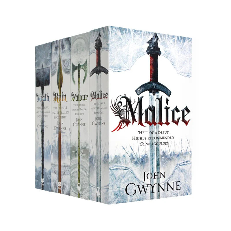 The Faithful and the Fallen 4 Books Collection Set by John Gwynne, front covers of Malice, Valour, Ruin, and Wrath paperback editions
