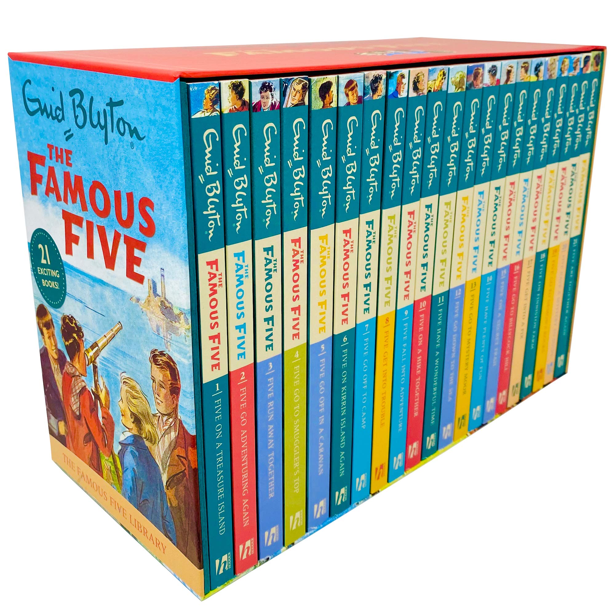 The Famous Five by Enid Blyton 21-book paperback collection set with colorful covers fanned out, for ages 7-9