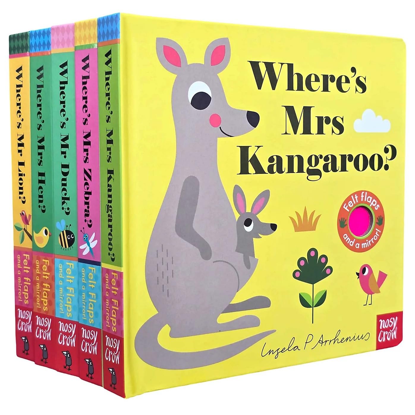 front cover of the full 5-book Felt Flaps And A Mirror! set - Felt Flaps And A Mirror! series, board book format