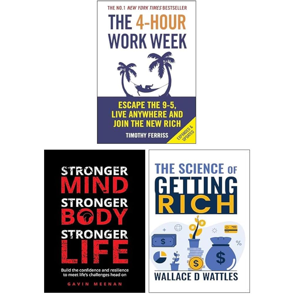 Front covers of the Timothy Ferriss, Wallace D. Wattles and Gavin Meenan 3 books collection set, paperback non-fiction titles