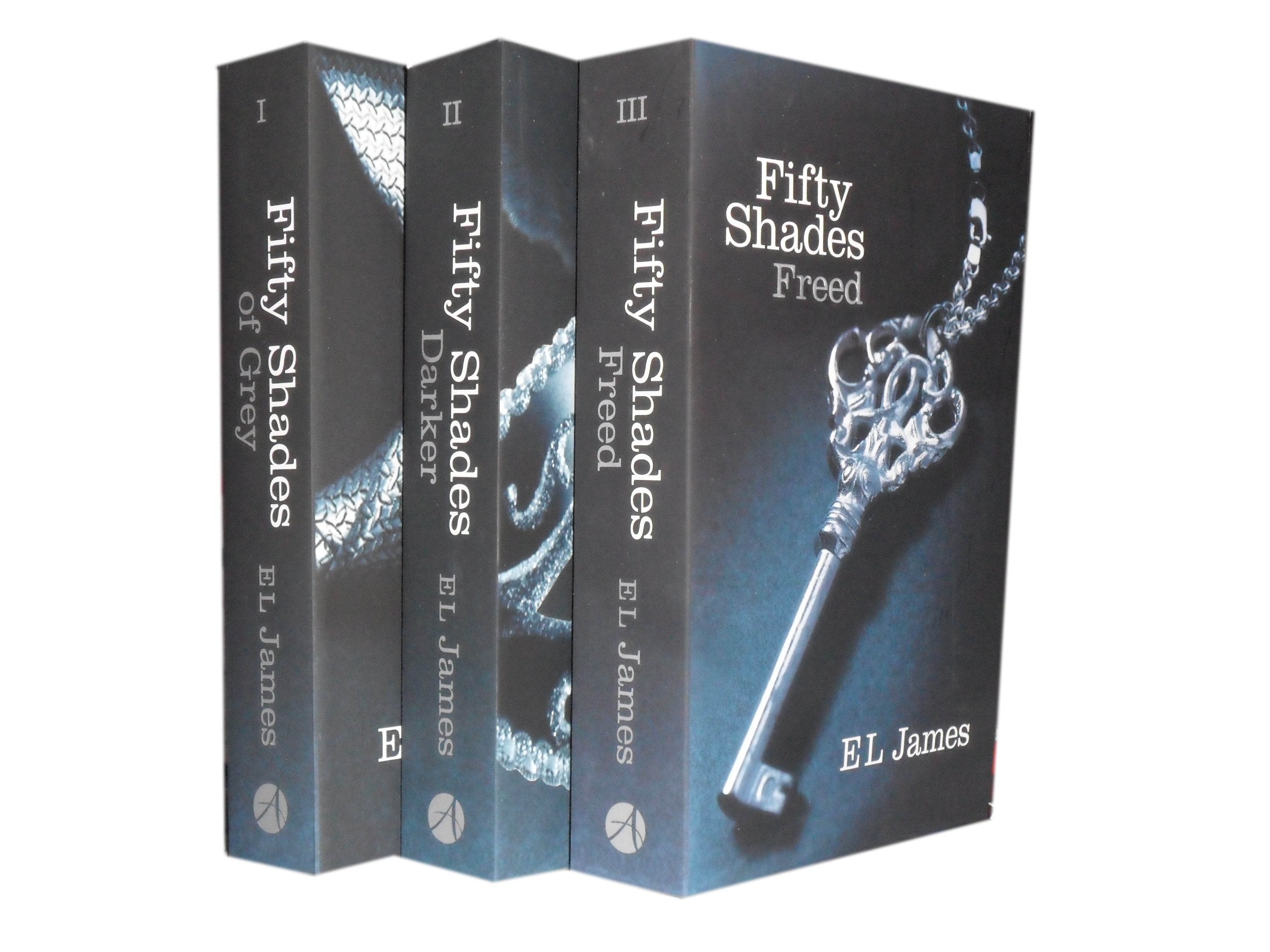 Fifty Shades Trilogy 3 book paperback boxed set by E L James, front cover of Fifty Shades of Grey, Fifty Shades Darker, and Fifty Shades Freed
