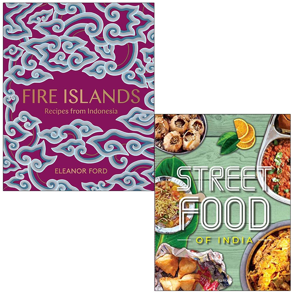Front covers of Fire Islands: Recipes from Indonesia by Eleanor Ford and Fresh & Easy Indian Street Food by Roli Books, 2 book paperback cookbook set