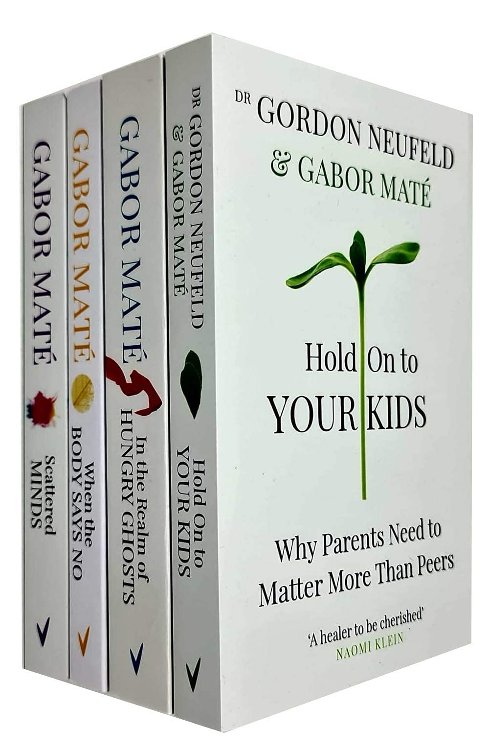 Front cover of Dr Gabor Maté 4 Books Collection Set featuring When the Body Says No, In the Realm of Hungry Ghosts, Hold on to Your Kids, and Scattered Minds paperback