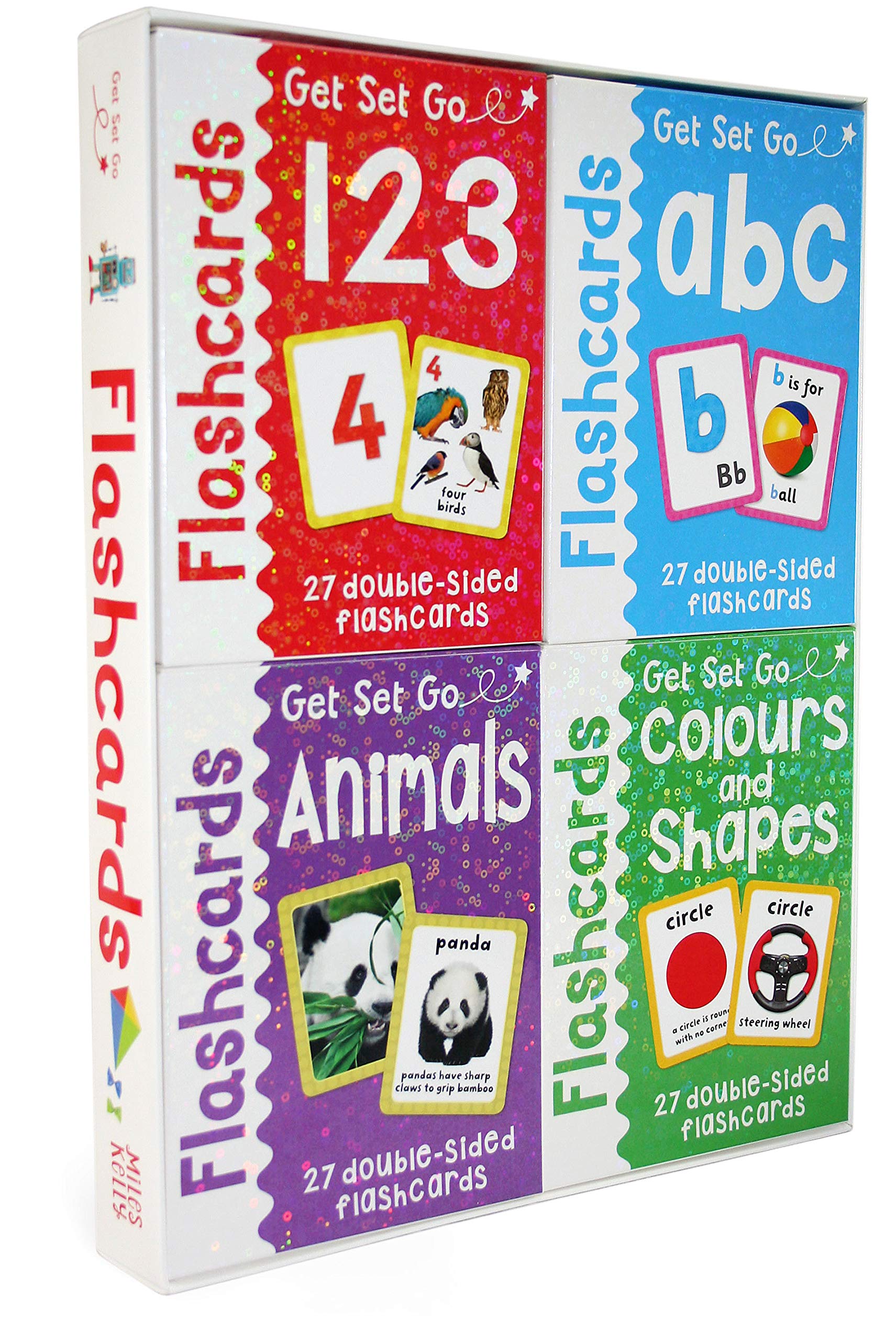 Get Set Go Flashcards 4 Set by Susan Purcell - front cover of the Miles Kelly paperback flashcard pack showing numbers, letters, colors, and animal themes for ages 2-4