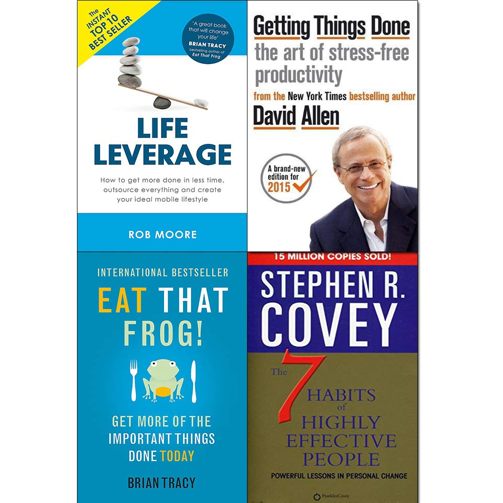 Front cover of the Getting Things Done, Eat That Frog, 7 Habits of Highly Effective People and Life Leverage 4 books paperback collection set