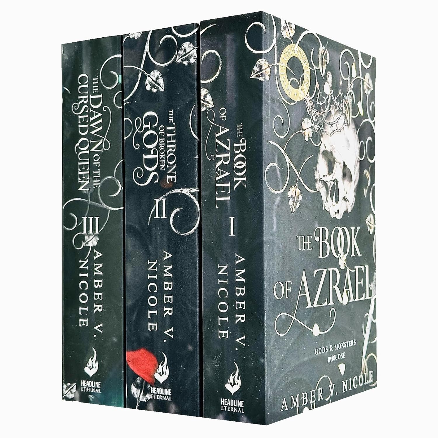 Front cover view of the Gods & Monsters Series 3 Books Collection Set by Amber V. Nicole, paperback fantasy romance trilogy.