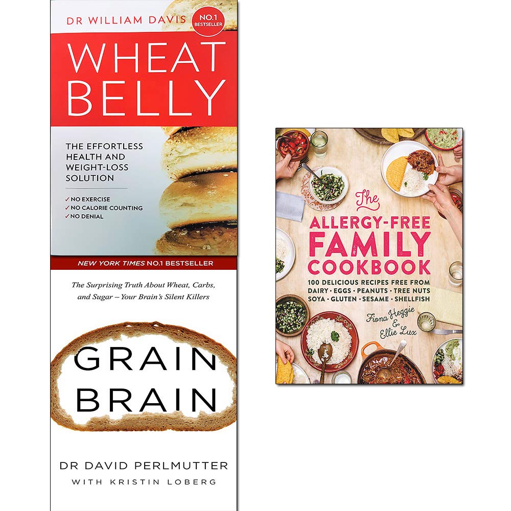 Front cover of the Brain Health & Gluten-Free Diet 3 book set featuring Grain Brain, Wheat Belly, and The Allergy-Free Family Cookbook