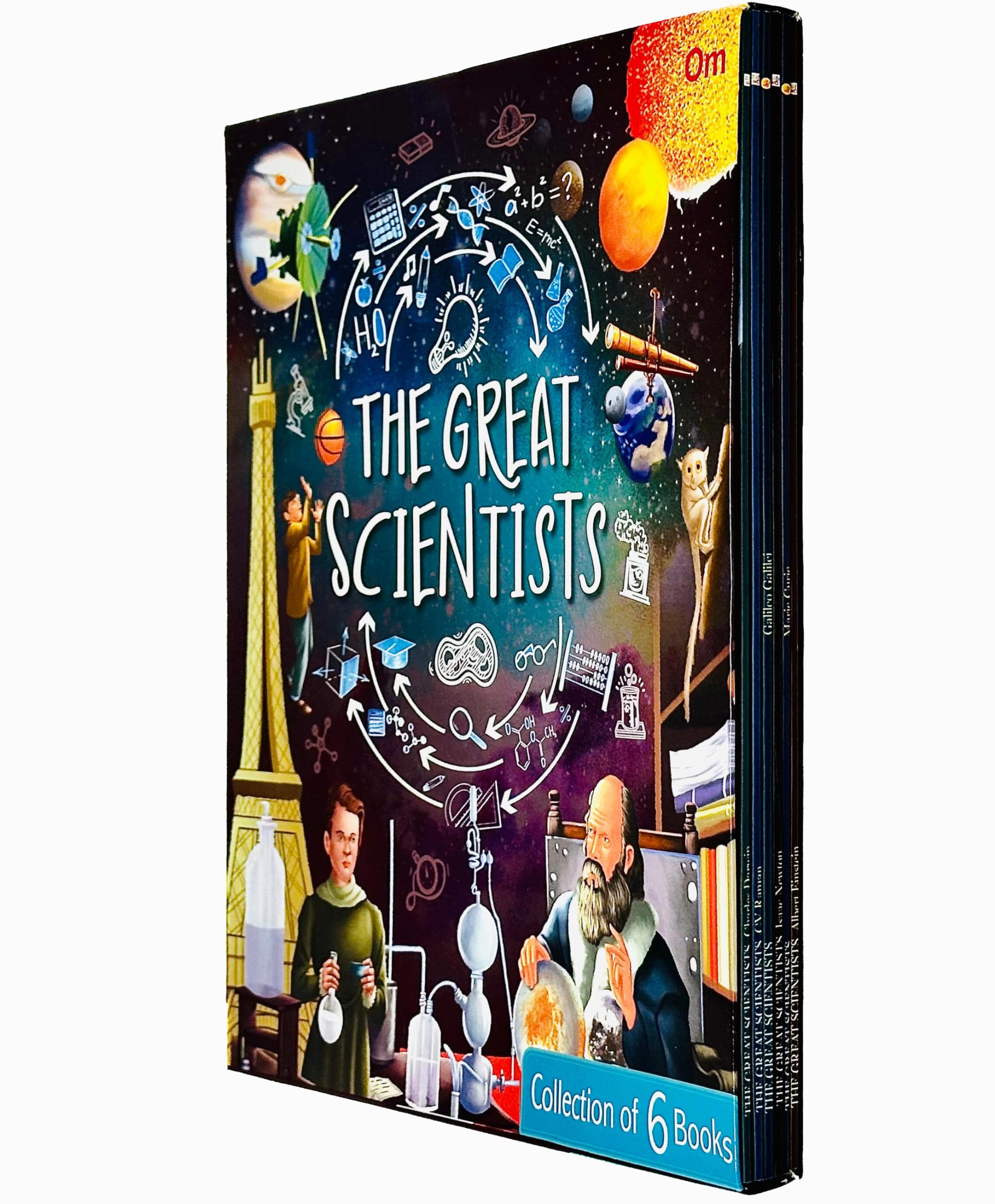The Great Scientists 6 Books Collection Set paperback front cover, featuring Einstein, Curie, Darwin, Newton, Galileo and Raman biographies