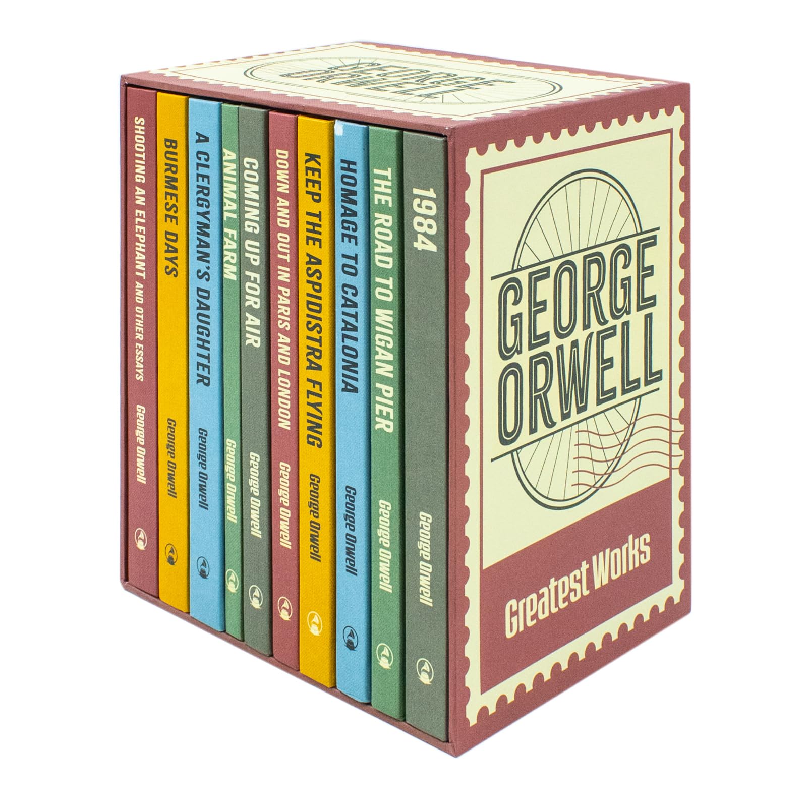 Front cover of The Greatest Works of George Orwell 10 book hardback collection set featuring 1984 and Animal Farm