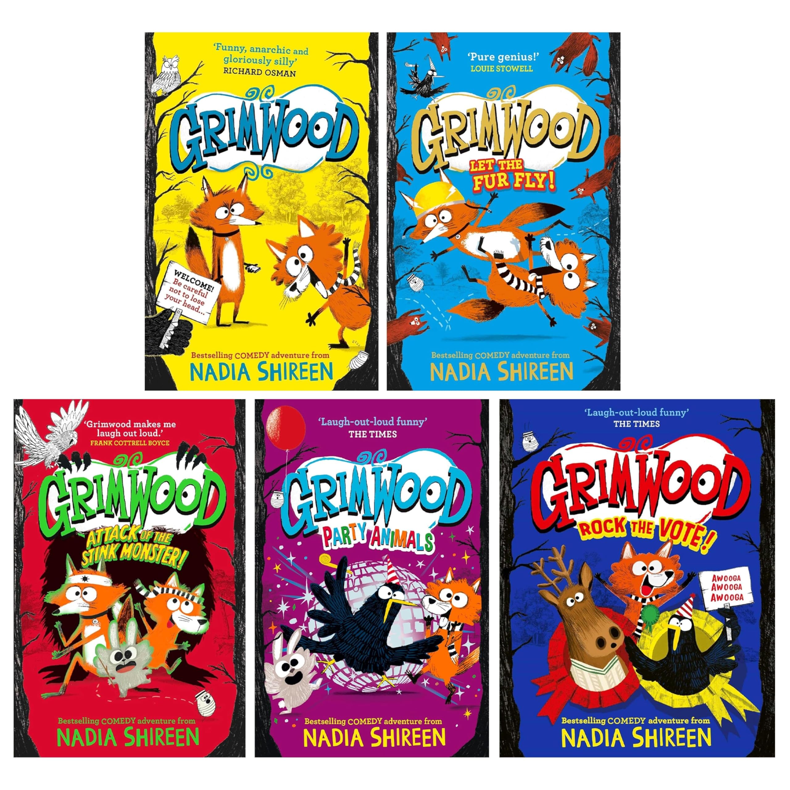 Grimwood Collection by Nadia Shireen 5 Books Paperback Set front cover artwork showing Ted and Nancy fox cubs and the Grimwood forest gang