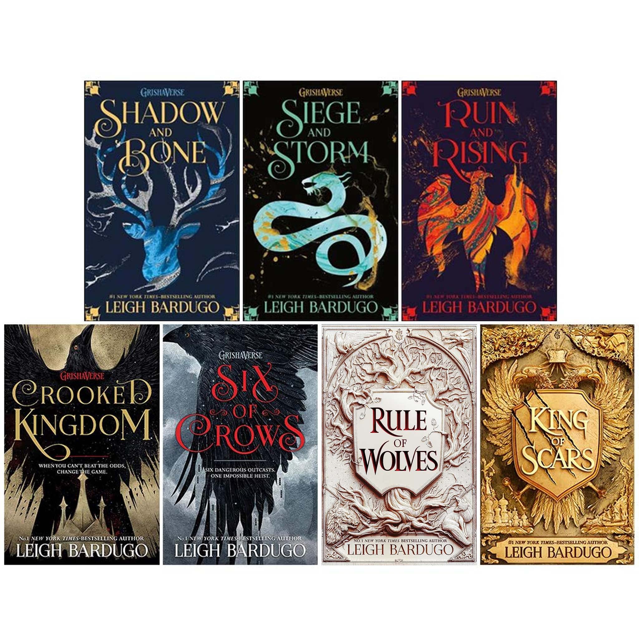 Grishaverse Collection by Leigh Bardugo 7 book paperback set front cover showing Six of Crows, Shadow and Bone, and King of Scars titles