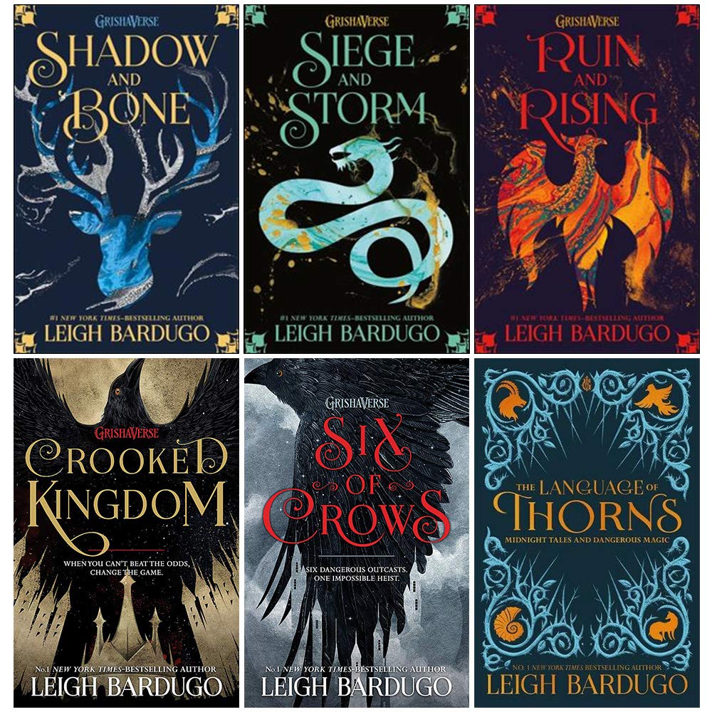 Grishaverse 6 book paperback collection set by Leigh Bardugo - front covers of Shadow and Bone, Six of Crows, and Crooked Kingdom fanned out.