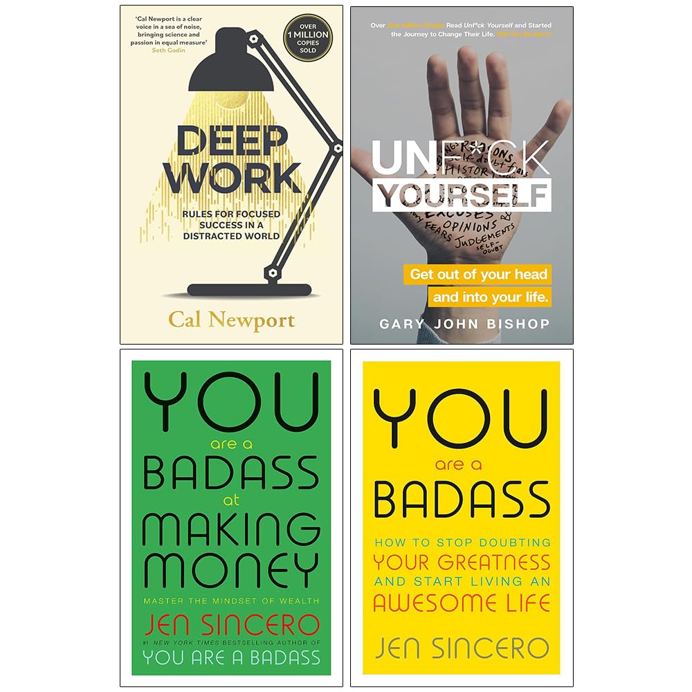 Front covers of the Growth 4 book paperback collection set including Deep Work by Cal Newport, Unf*ck Yourself, You Are a Badass, and You Are a Badass at Making Money.