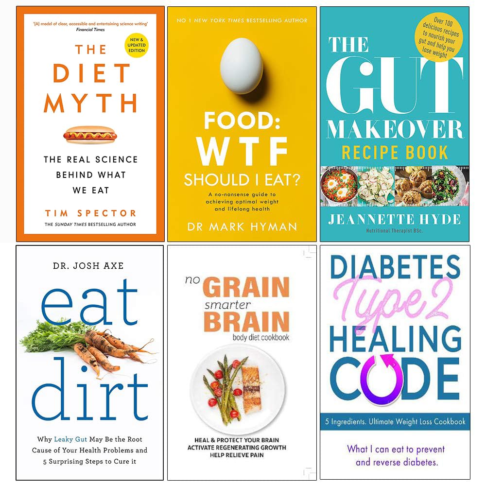 Front cover of the six-book Gut Health & Diet Science paperback collection set including The Diet Myth by Tim Spector