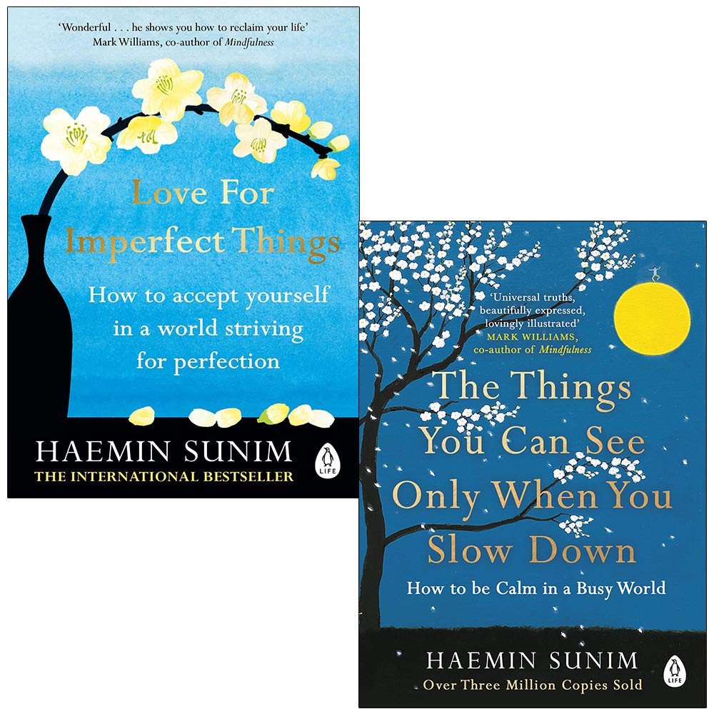 Front cover of Haemin Sunim's 2 Books Collection Set paperback, Love for Imperfect Things and The Things You Can See Only When You Slow Down, Penguin Life non-fiction mindfulness books.