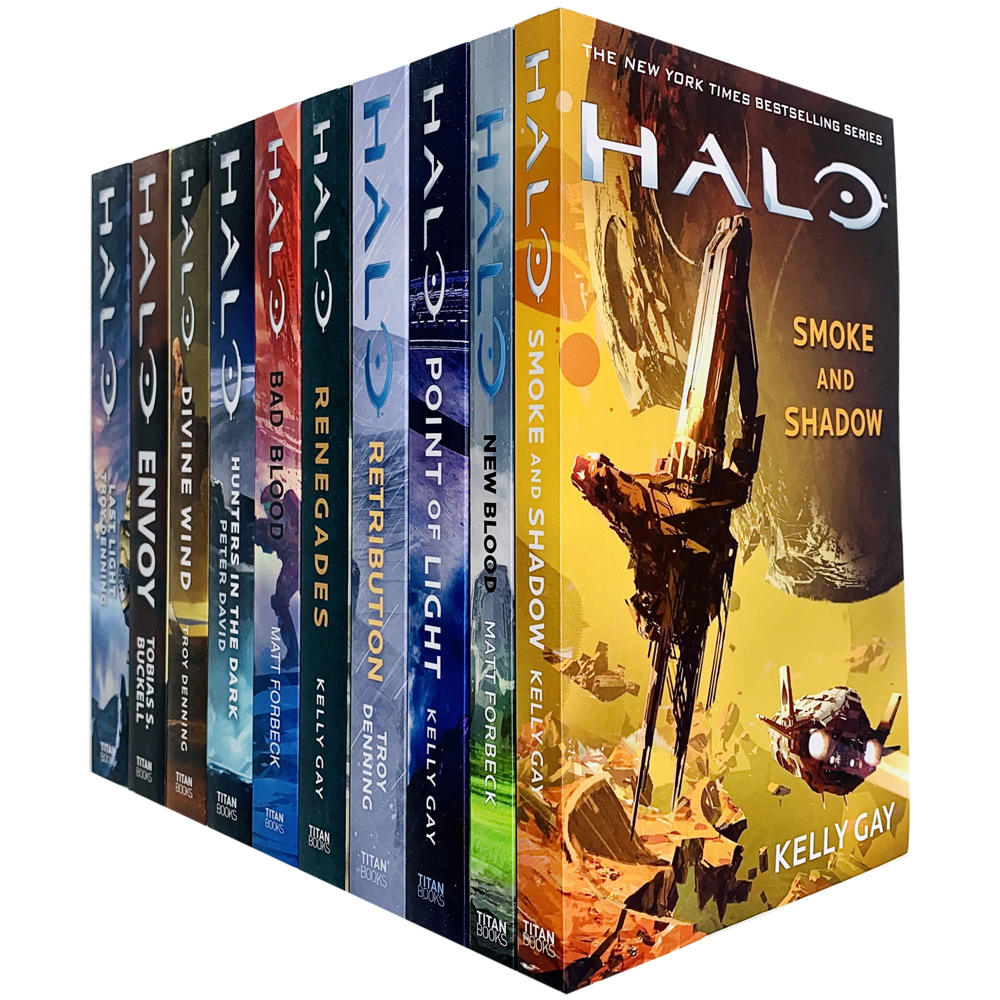 Front cover view of the Halo Series 10 Books Collection Set paperback, featuring all ten novels by Peter David, Troy Denning, Matt Forbeck, Tobias S. Buckell, and Kelly Gay.