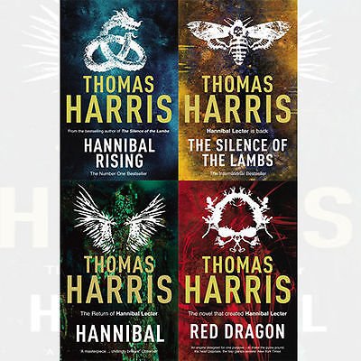 Front cover view of the Hannibal Lecter 4 book paperback collection set by Thomas Harris, showing spines and cover art for Red Dragon, The Silence of the Lambs, Hannibal, and Hannibal Rising.