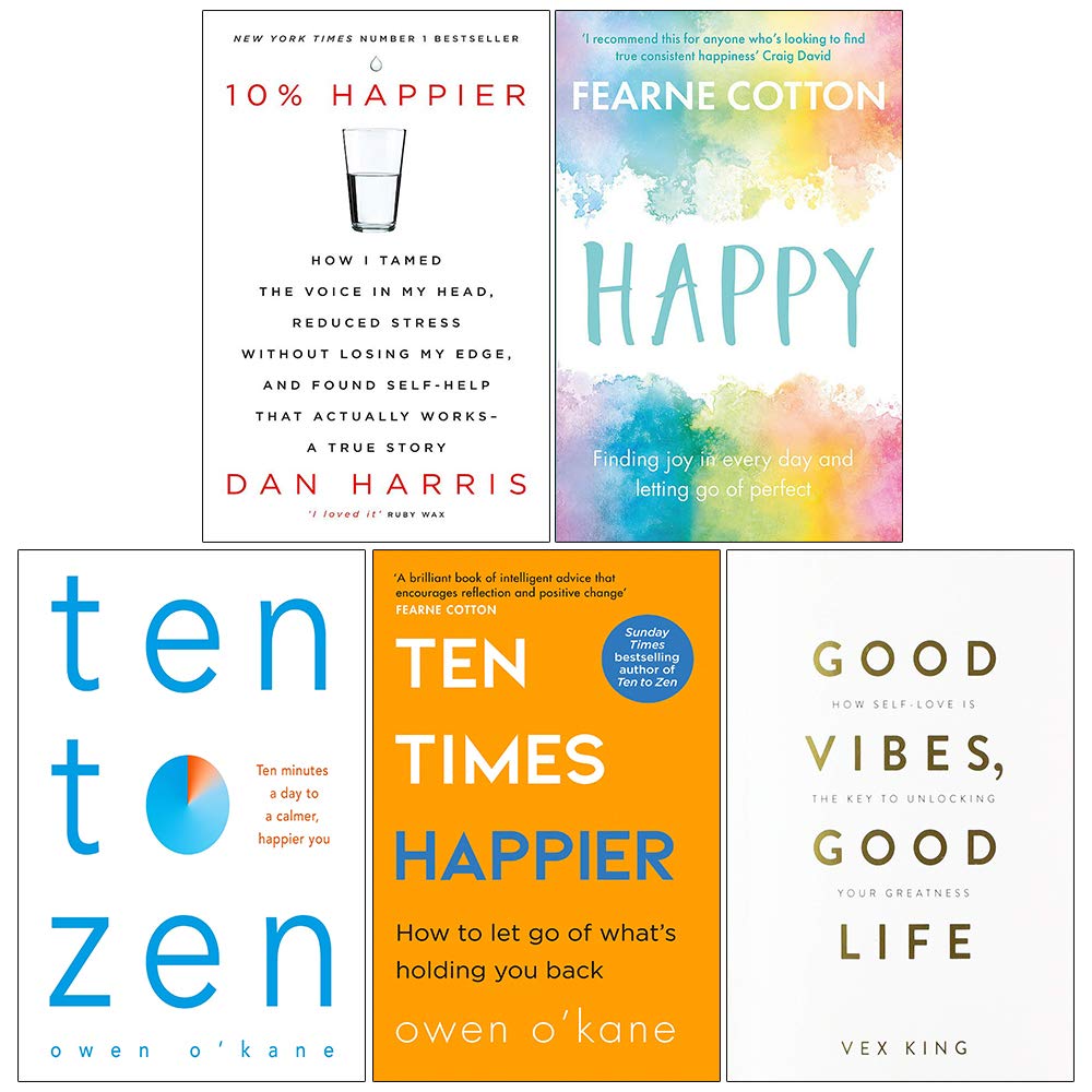 Happiness and Mindfulness Mastery 5 Books Collection Set, paperback, front cover, full set of 5 paperbacks fanned out showing all titles