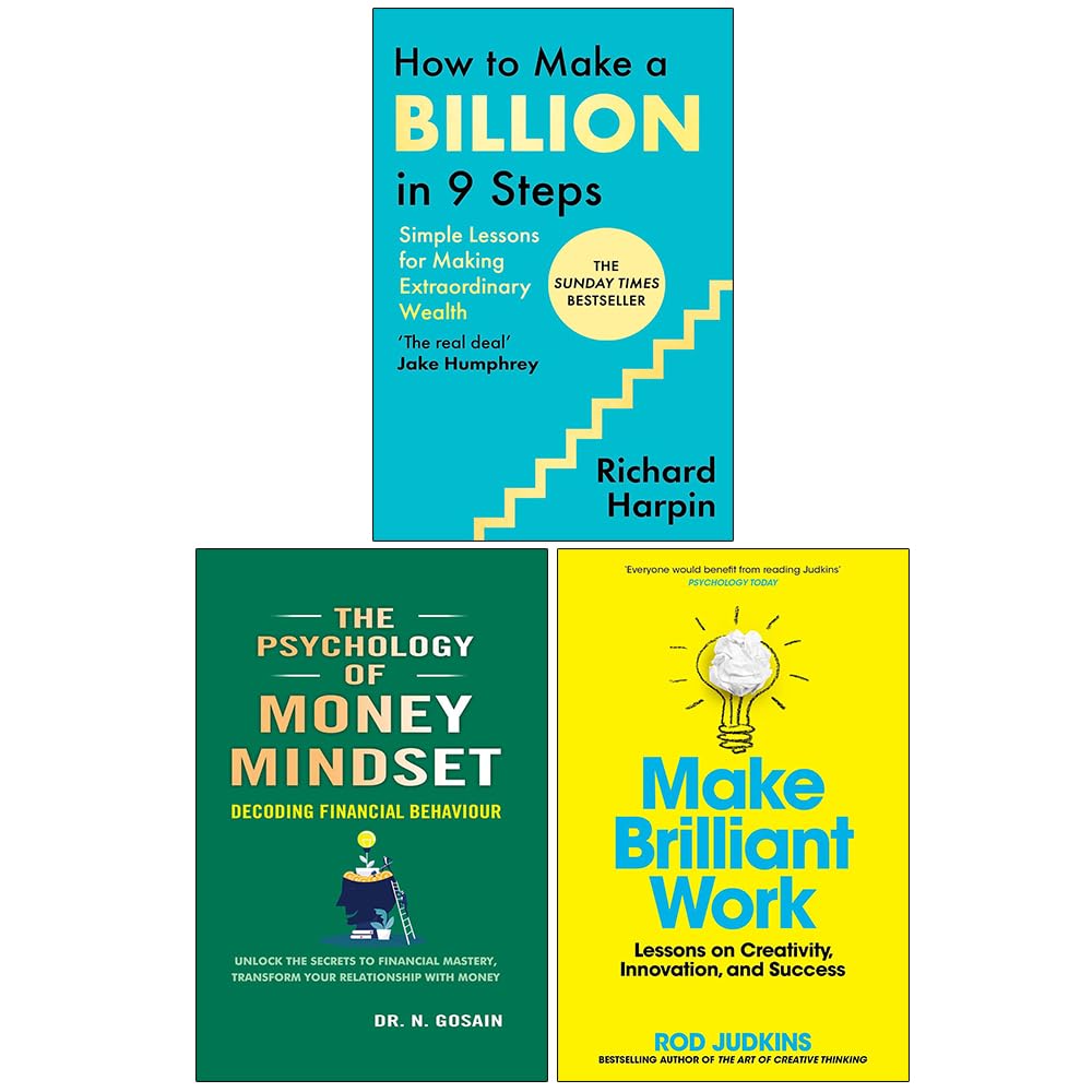 Front cover view of the 3 Books Collection Set including How to Make a Billion in Nine Steps, The Psychology of Money Mindset, and Make Brilliant Work paperbacks.