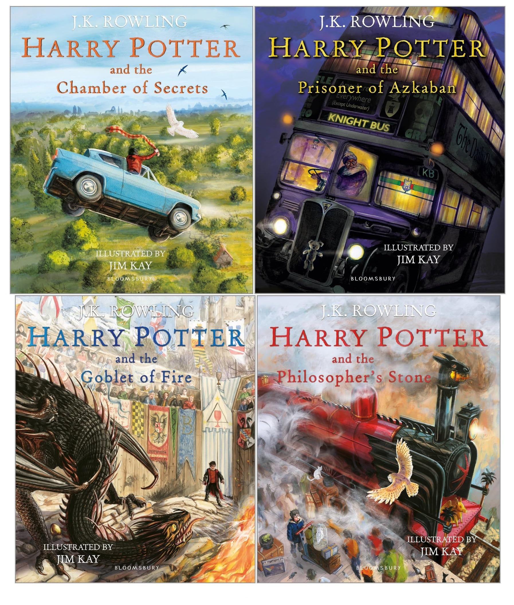Harry Potter Illustrated Edition 4 Books Hardback Collection by J.K. Rowling and Jim Kay - front cover of the full 4-book set