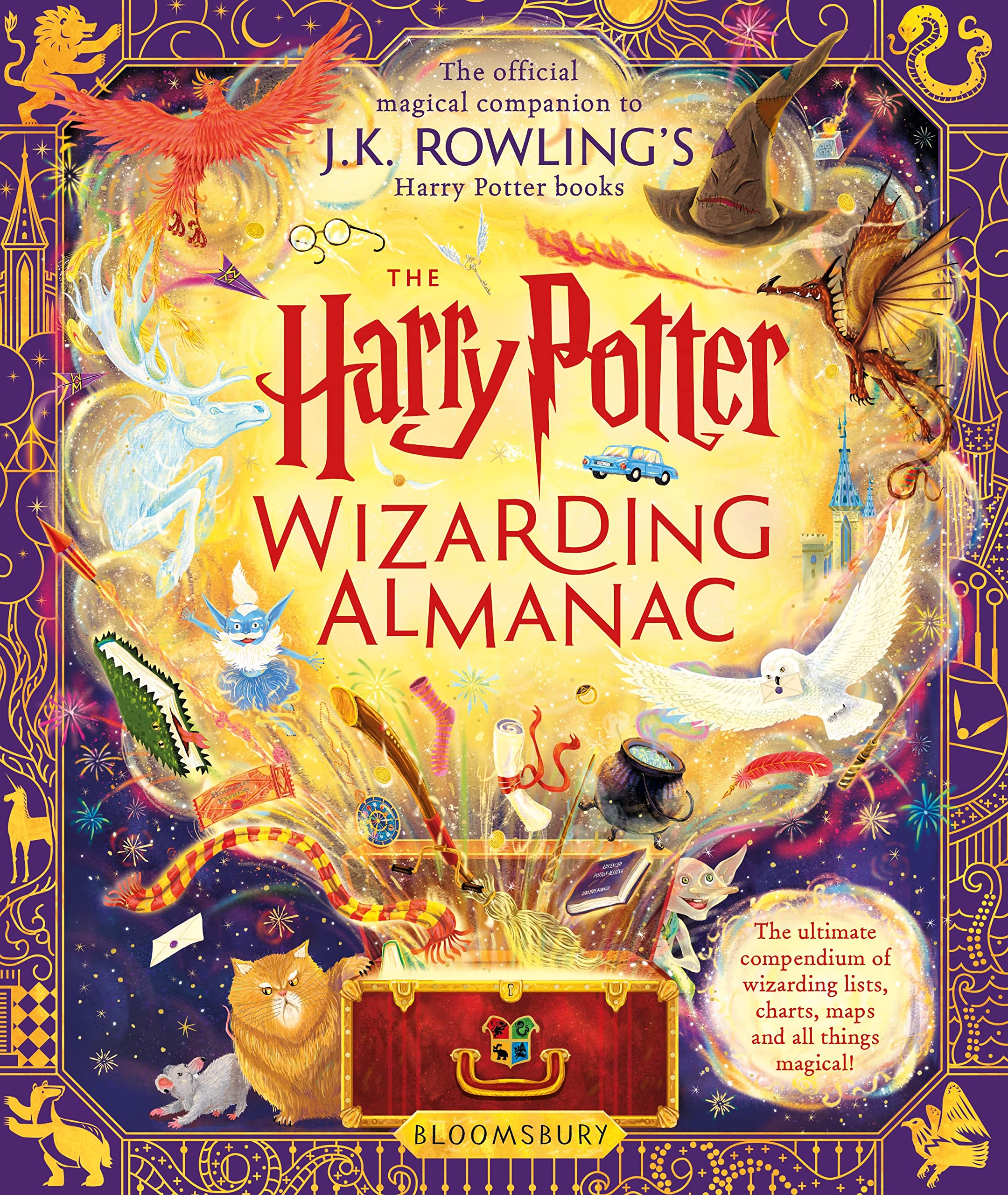 Front cover of The Harry Potter Wizarding Almanac hardback by J.K. Rowling with illustrated spine detail.
